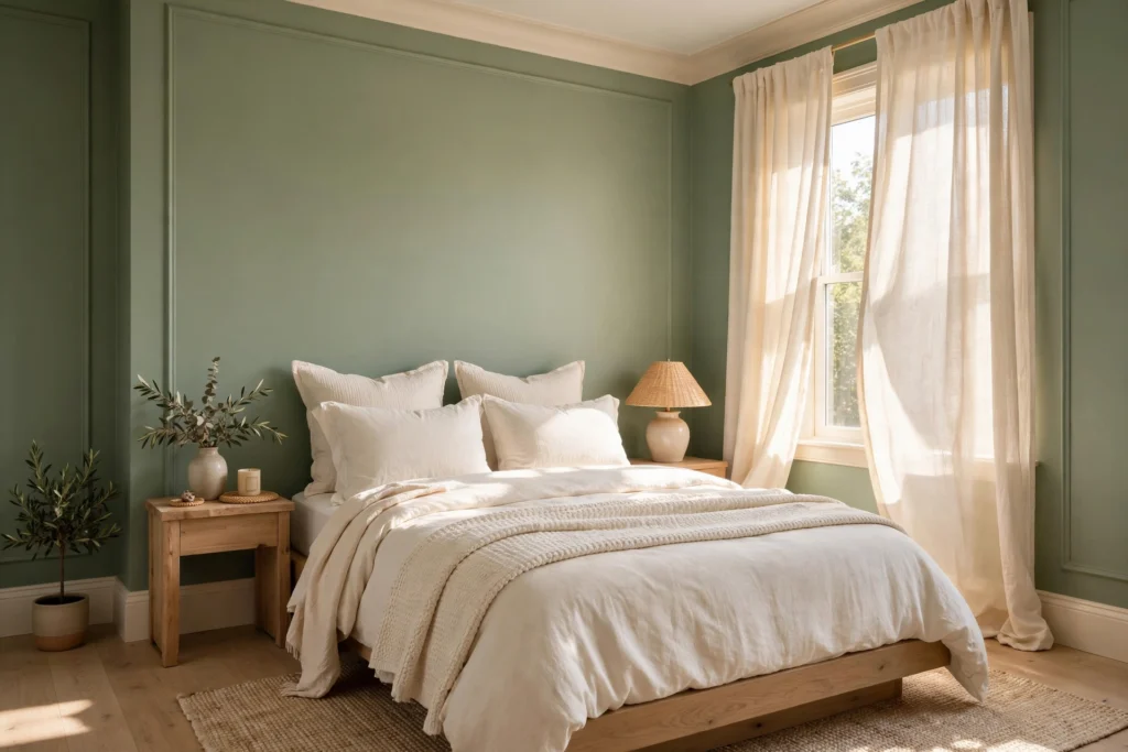 Sage green bedroom with warm white trim, ivory bedding, and cream curtains glowing in soft natural light.