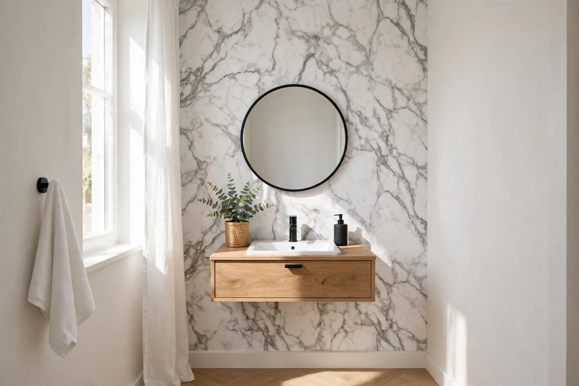 Peel-and-stick bathroom wallpaper with a marble-look print applied on a powder room accent wall.