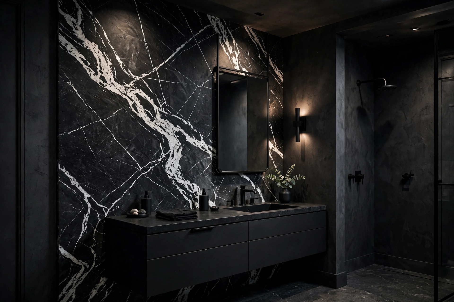 Black marble bathroom with bold white veining on a vanity wall, honed finish, and charcoal surroundings.