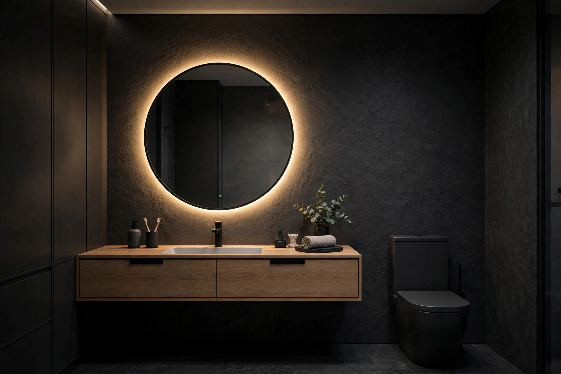 Backlit LED bathroom mirror glowing with a soft halo behind it in a windowless modern bathroom.