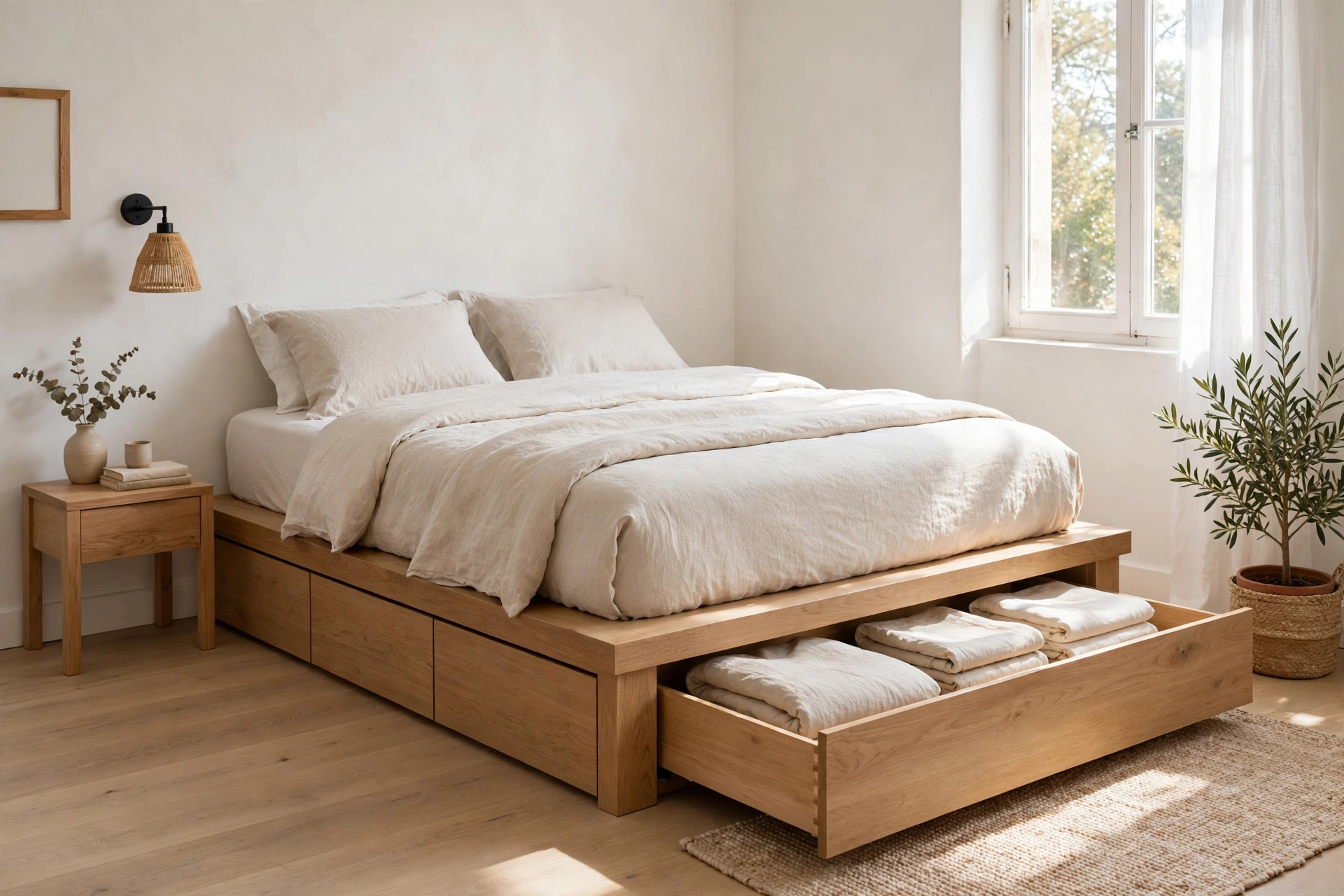 Platform bed with pull-out under-bed storage drawers for small bedrooms
