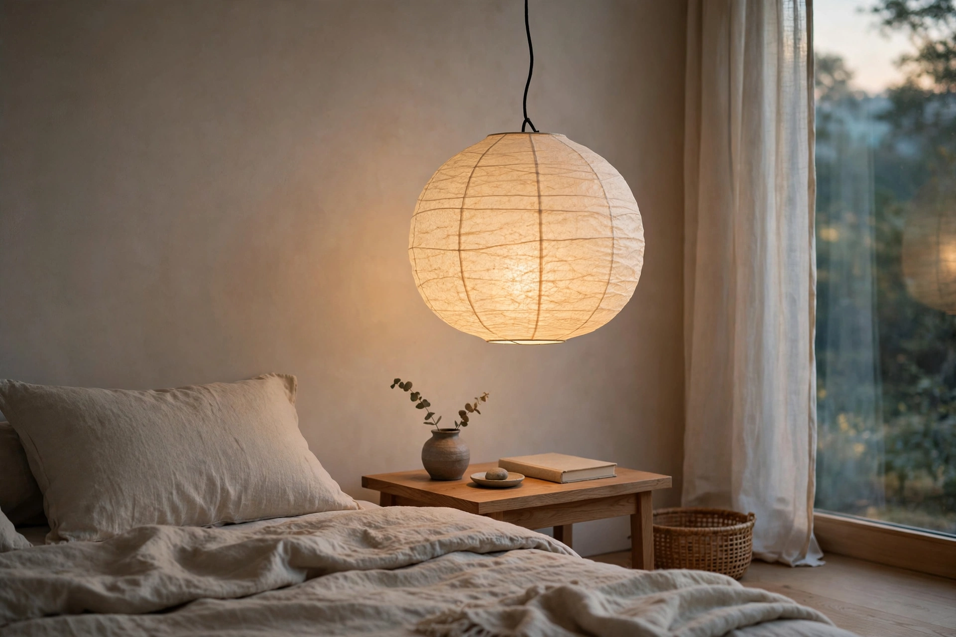 Washi paper pendant lantern lighting in a Japandi bedroom