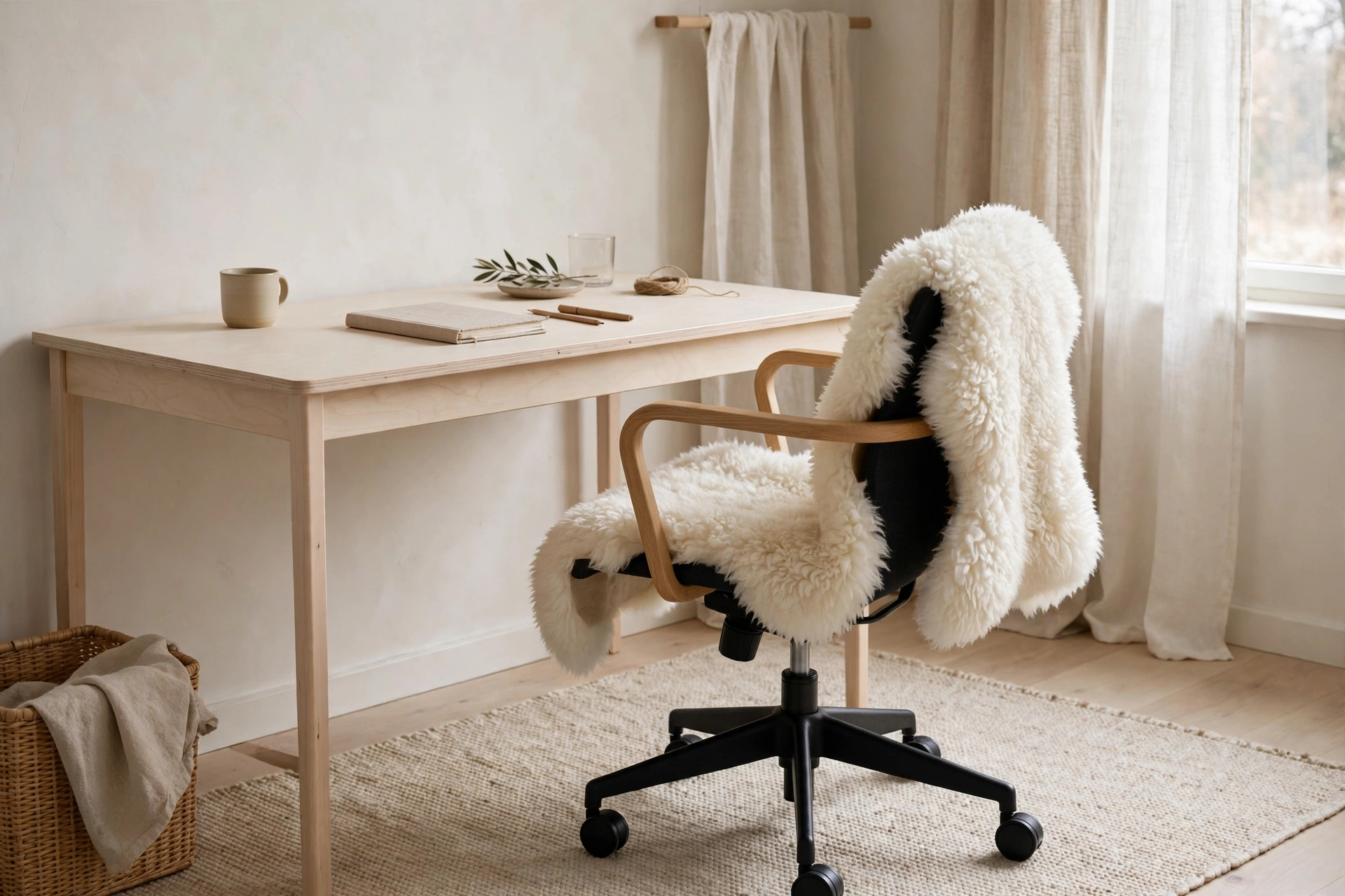 Office chair with white sheepskin throw and oatmeal wool rug in a cozy Scandinavian workspace