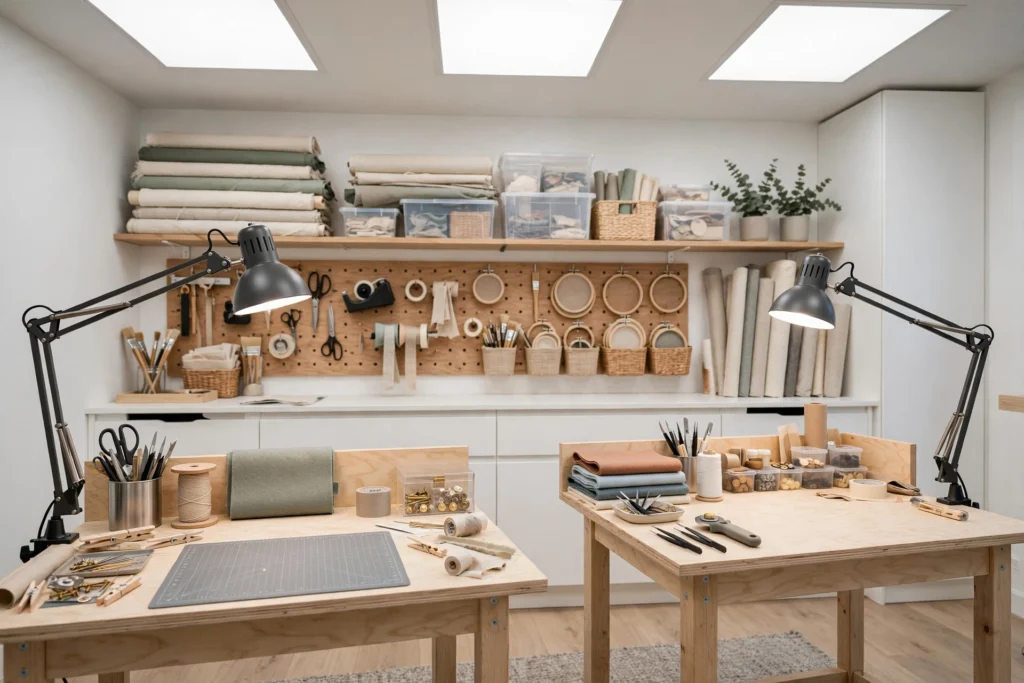 Bright craft room with daylight LED overhead lighting and adjustable task lamps at workstations.
