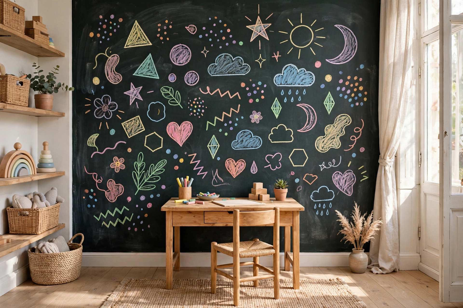 A homeschool room with a large chalkboard feature wall showing a hand-drawn weekly schedule.