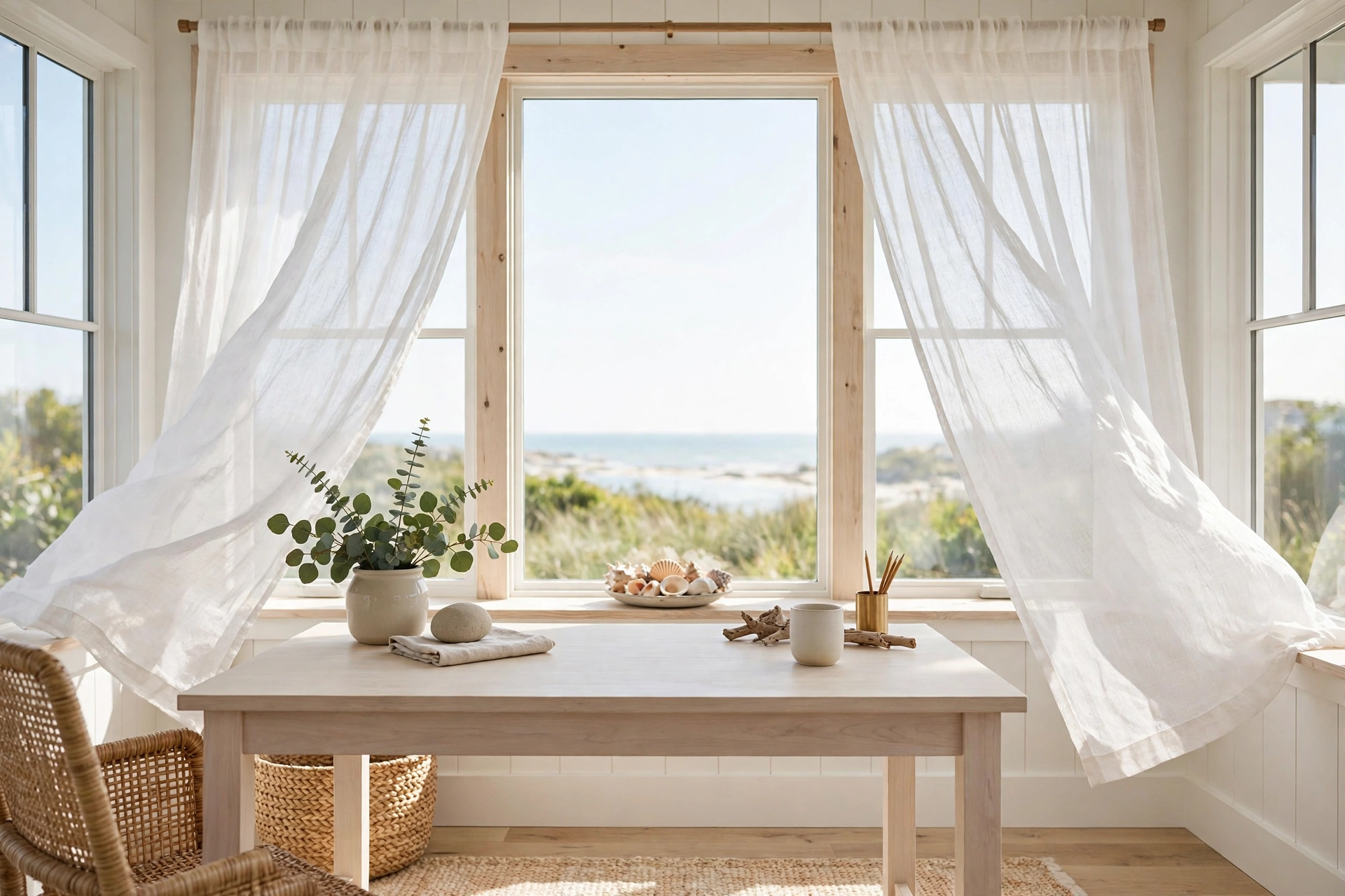 A coastal home office with the desk facing a large window dressed in sheer white curtains.