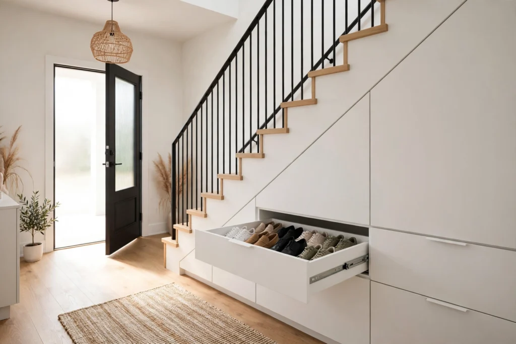 An entryway shoe storage wall of pull-out drawers built into the space beneath a staircase.
