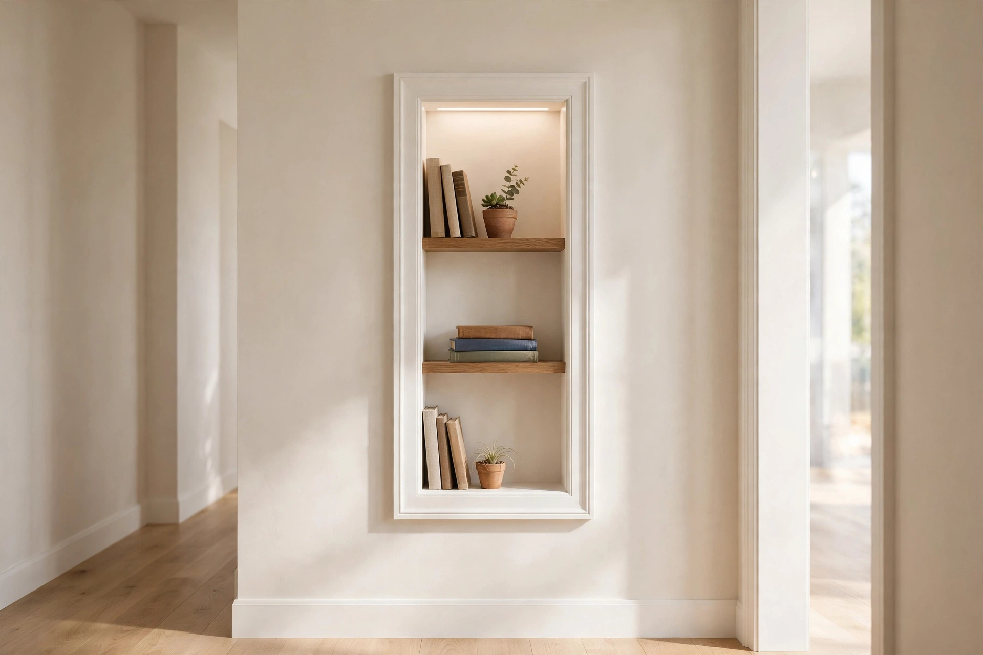 A hallway storage niche recessed between wall studs with small shelves of books.