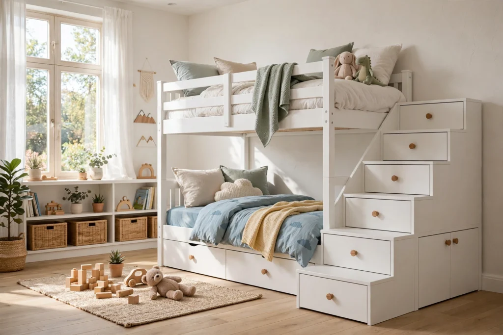 A bunk bed room with storage stairs where each step opens into a drawer for clothes.