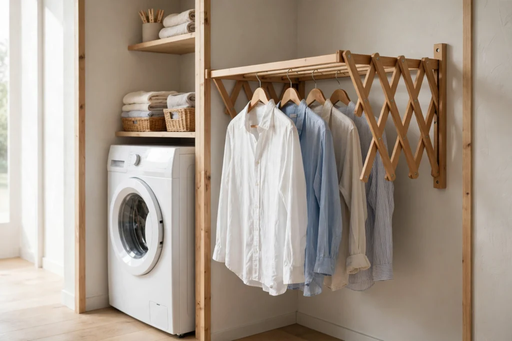Laundry closet ideas featuring a pull-out accordion drying rack extended from the side wall of a narrow laundry closet.