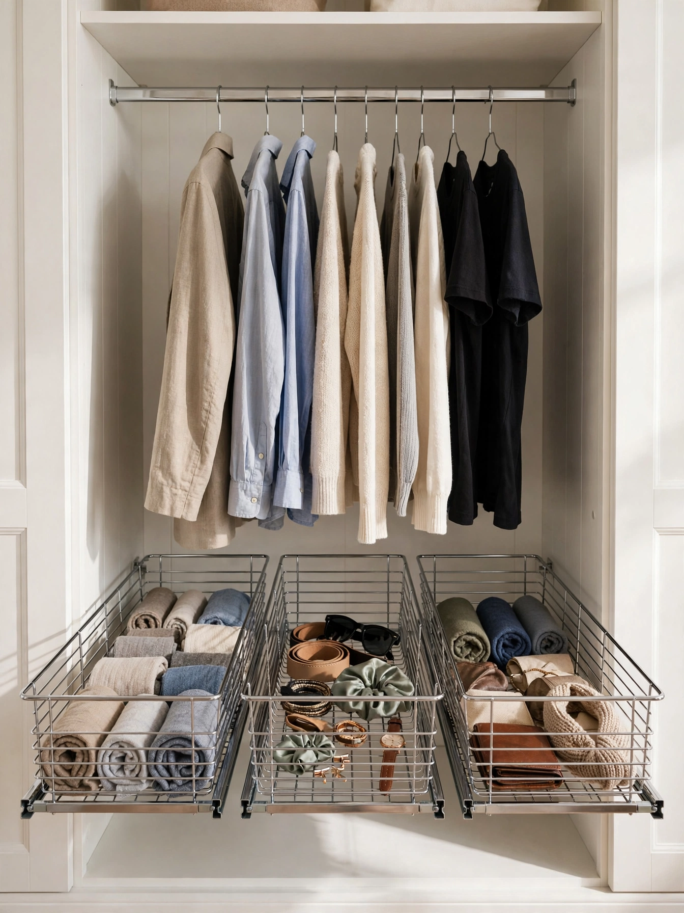 Reach-in closet ideas featuring slide-out wire baskets organizing socks and accessories under hanging clothes.
