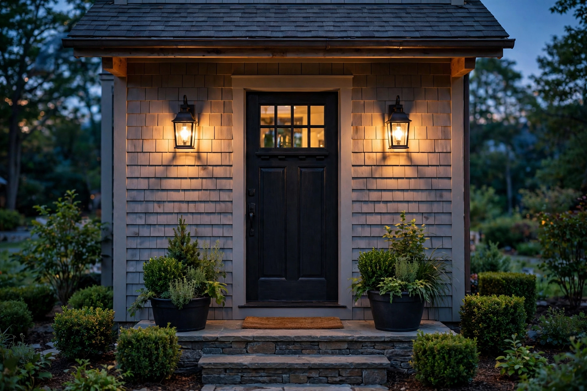 Front porch decorating ideas featuring black lantern sconces glowing warmly on either side of the front door.