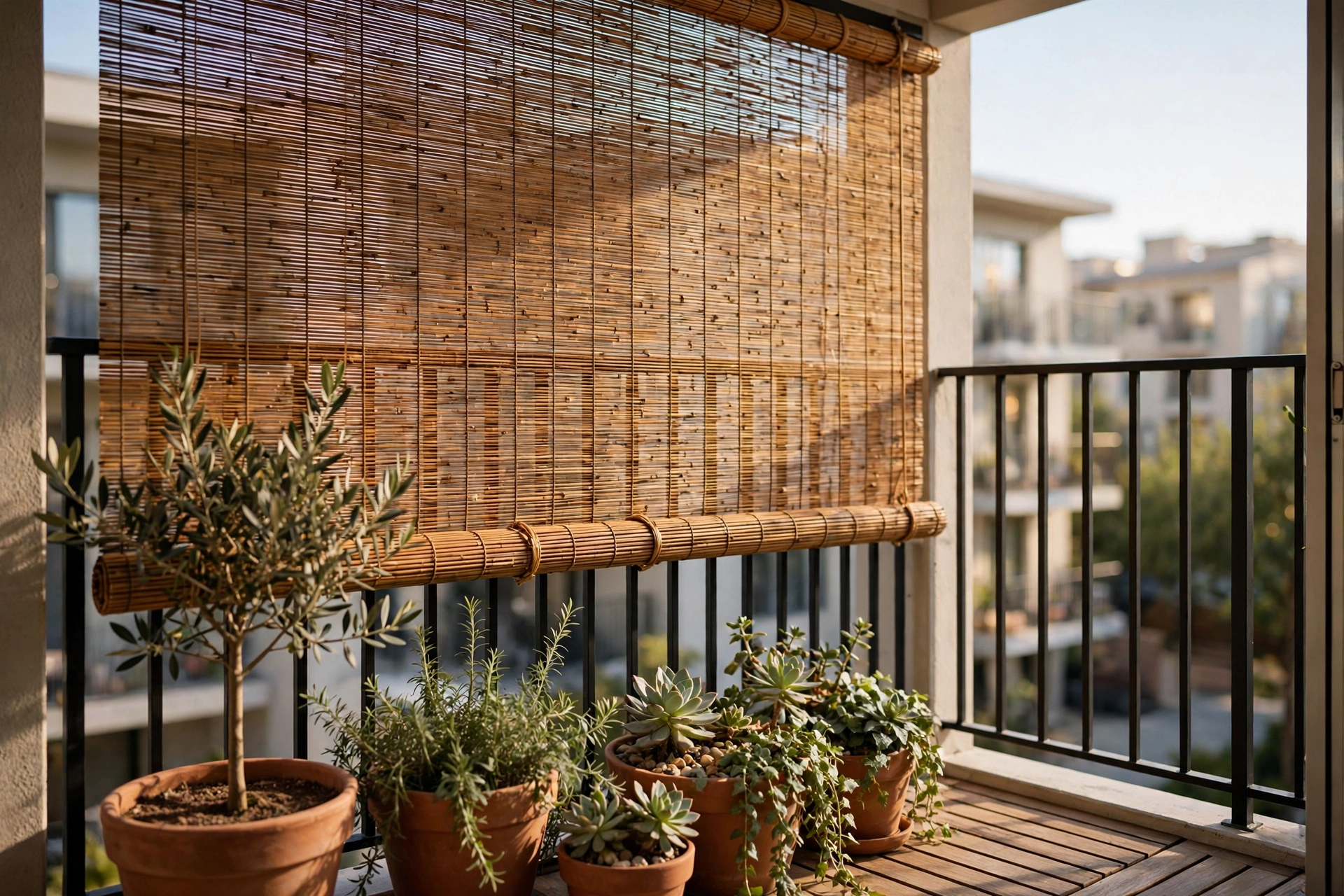 Balcony decor ideas featuring a natural bamboo roll-up privacy screen attached to the balcony railing.