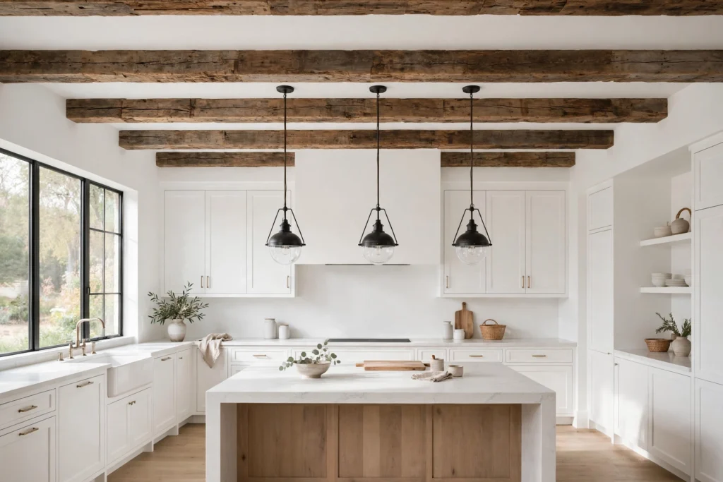 Reclaimed wood ceiling beams over a white farmhouse kitchen with island pendants