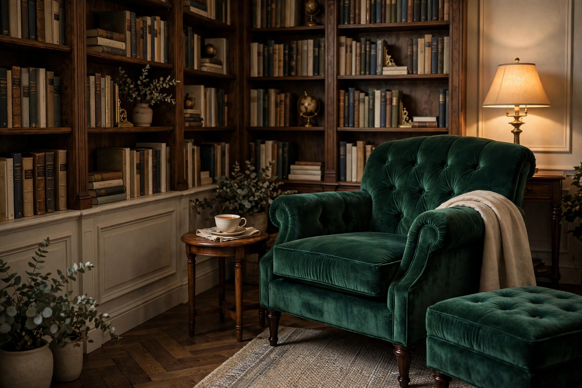 Home library design ideas featuring a deep velvet armchair with an ottoman beside a bookshelf wall.