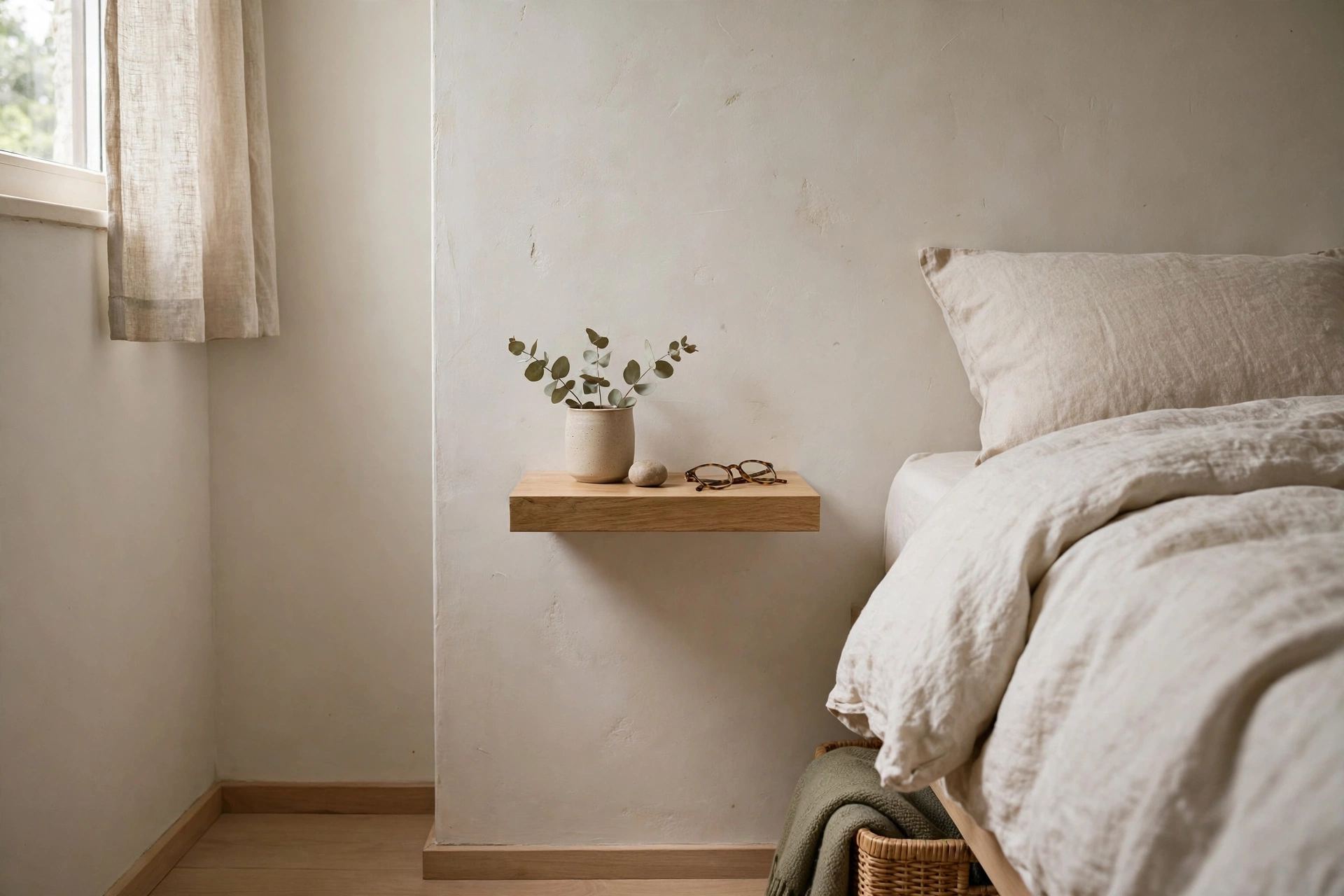 Small floating nightstand shelf beside a bed in a tiny bedroom