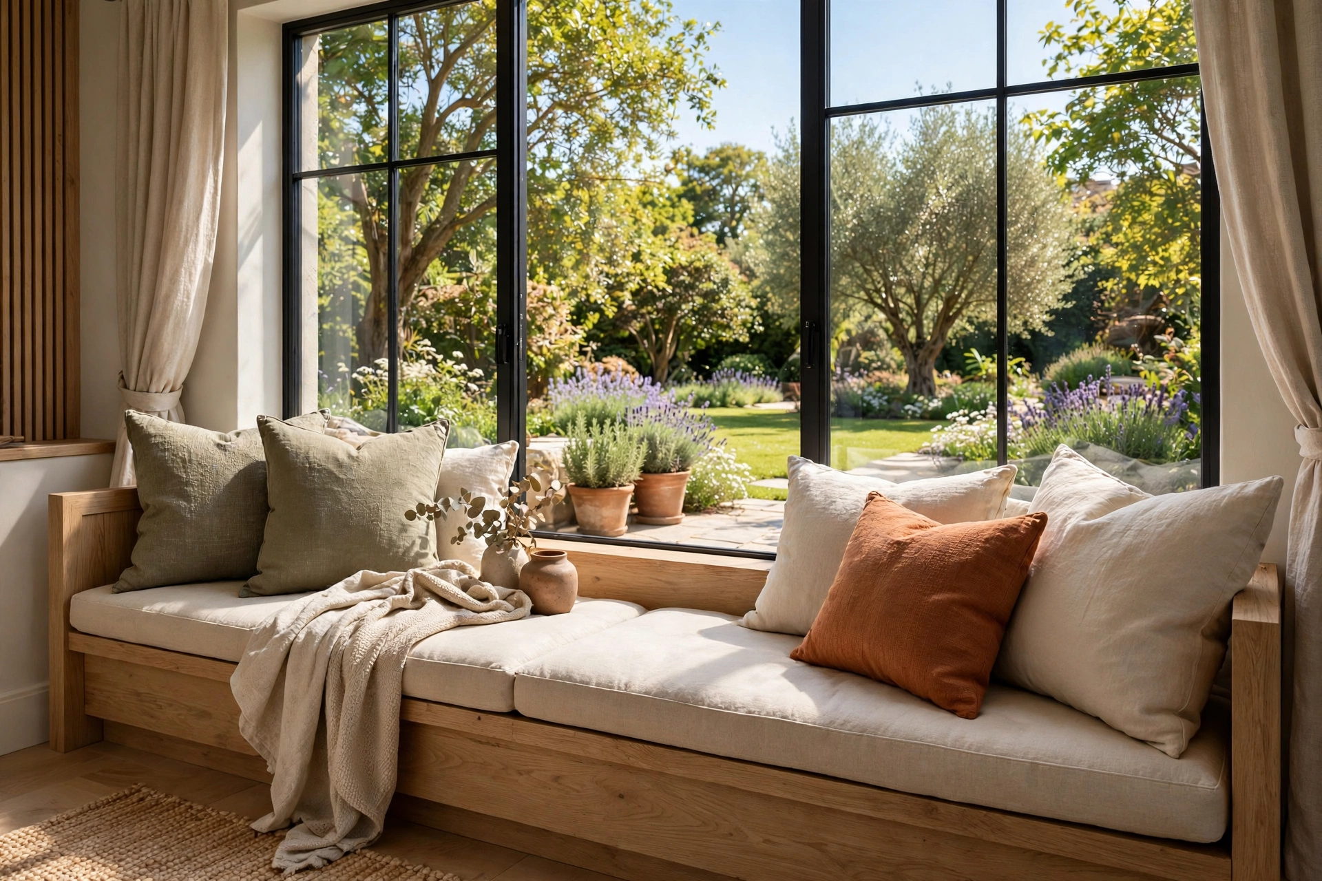 Window banquette with cushions overlooking sunny garden view