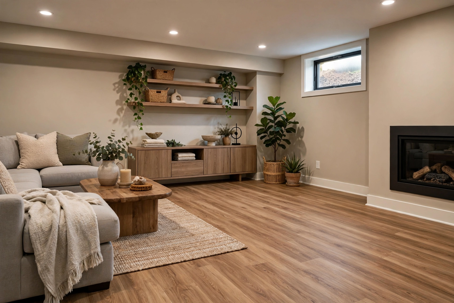 Luxury vinyl plank flooring that looks like wood in a moisture-safe basement living room