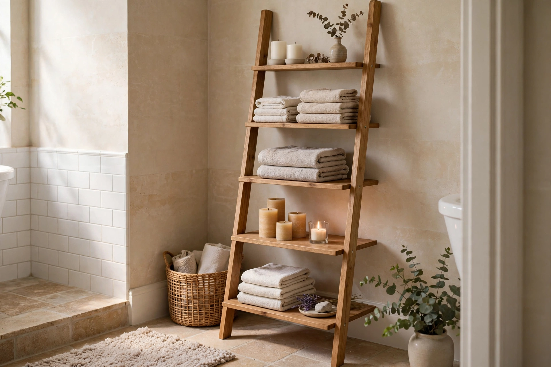 Wooden ladder shelf in bathroom corner with folded towels and candles