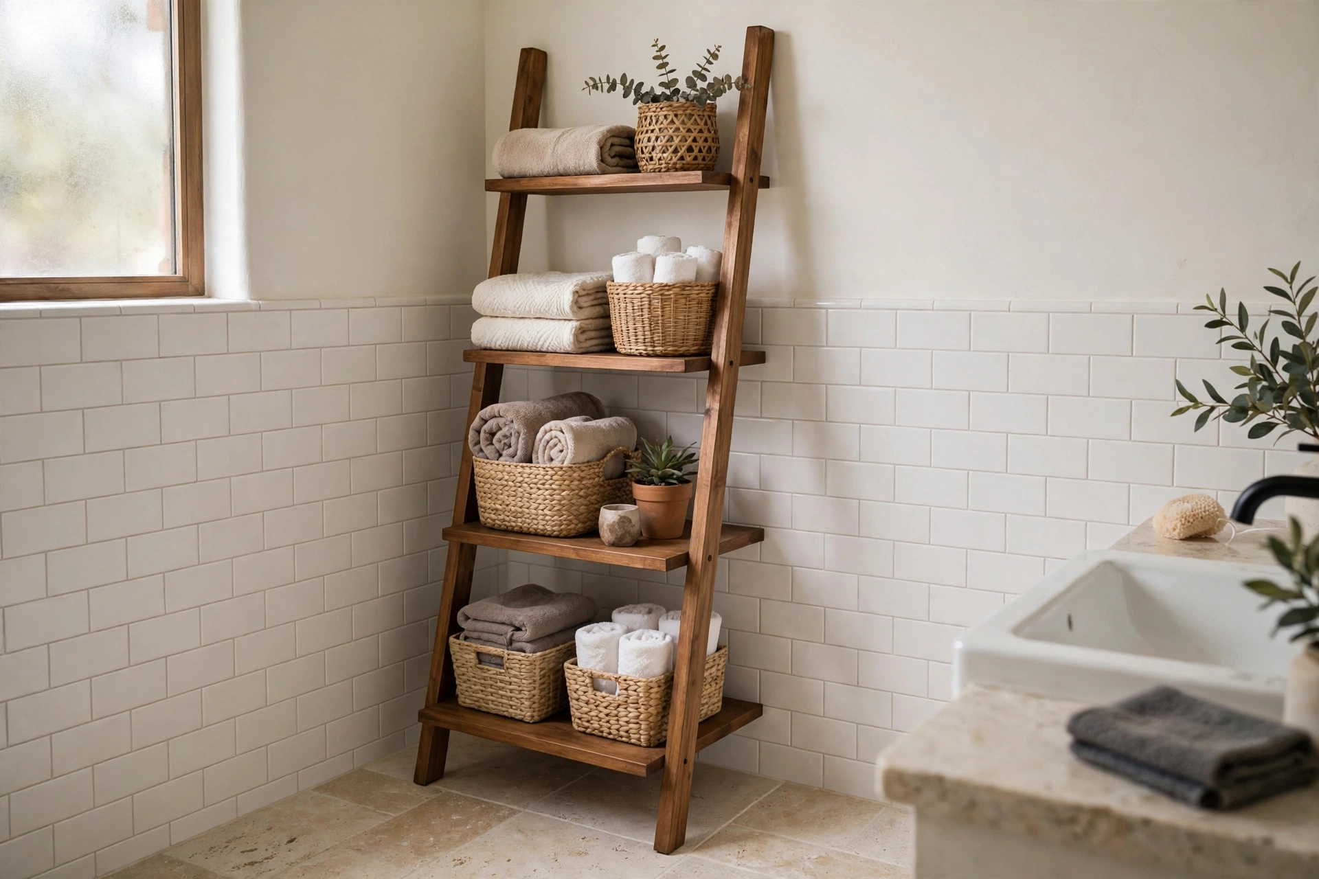 Wooden ladder shelf in bathroom corner with towels and decorative storage baskets