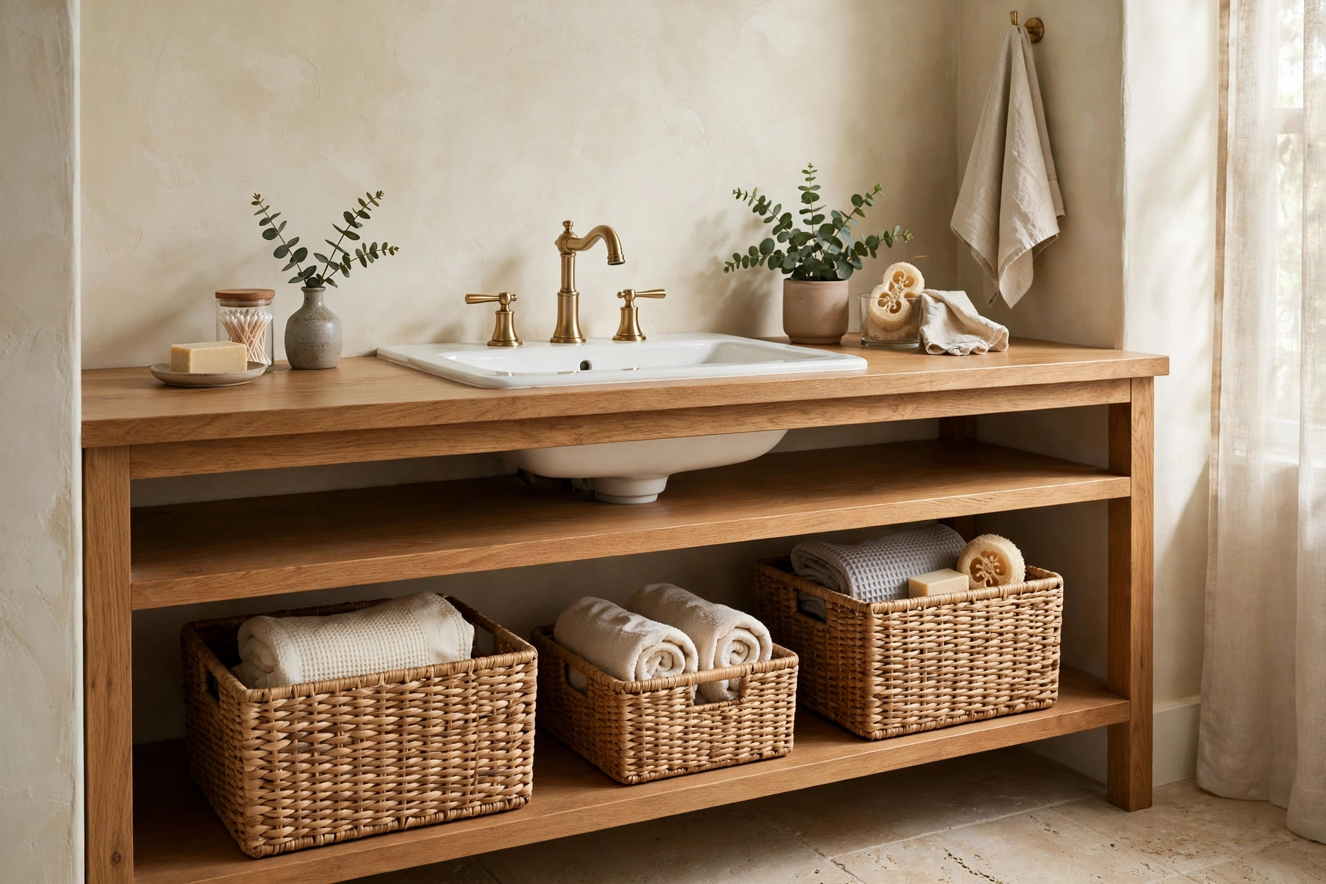 Open shelf bathroom vanity styled with woven storage baskets