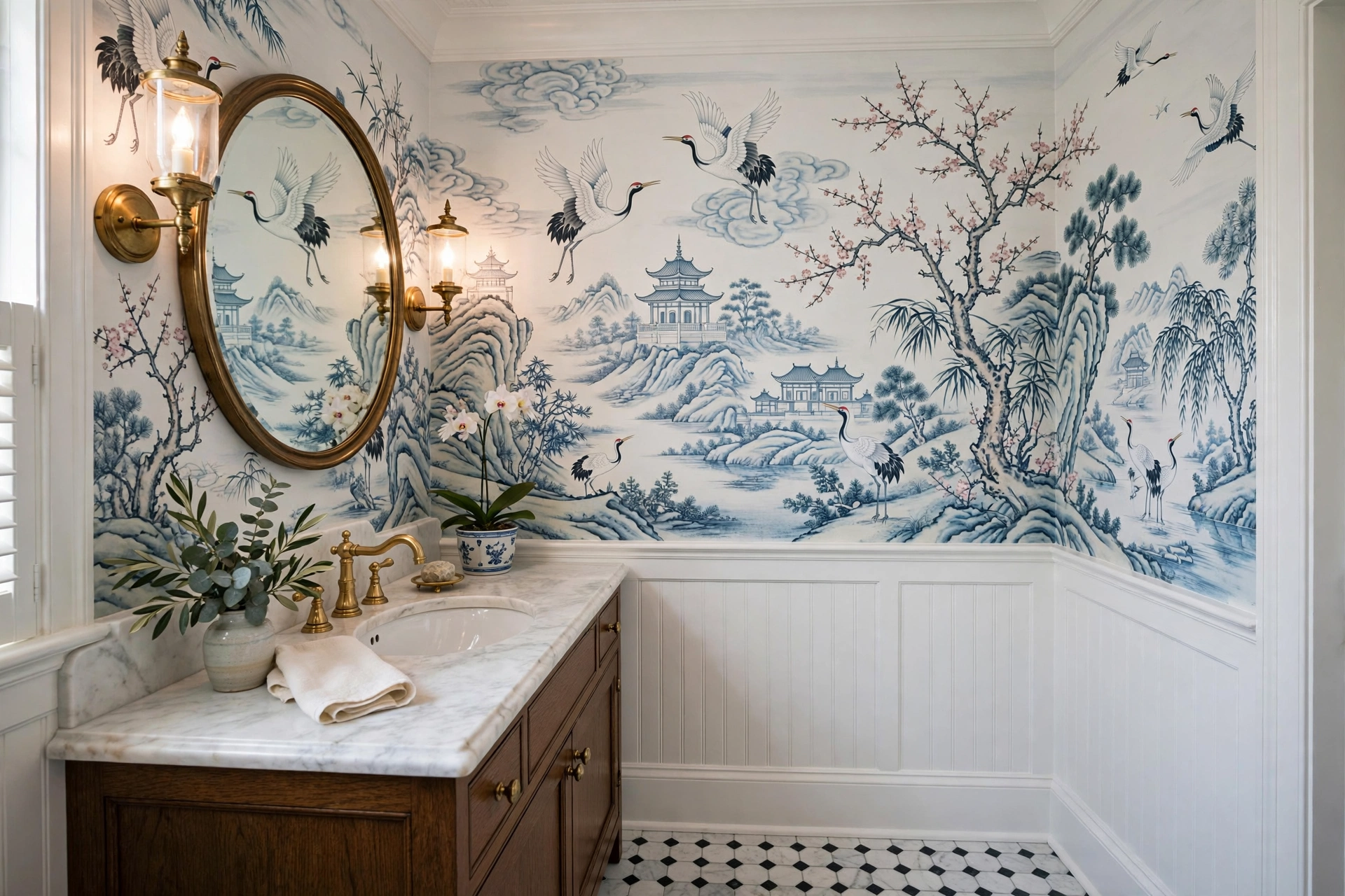 Chinoiserie mural wallpaper with cranes and pagodas in elegant powder room