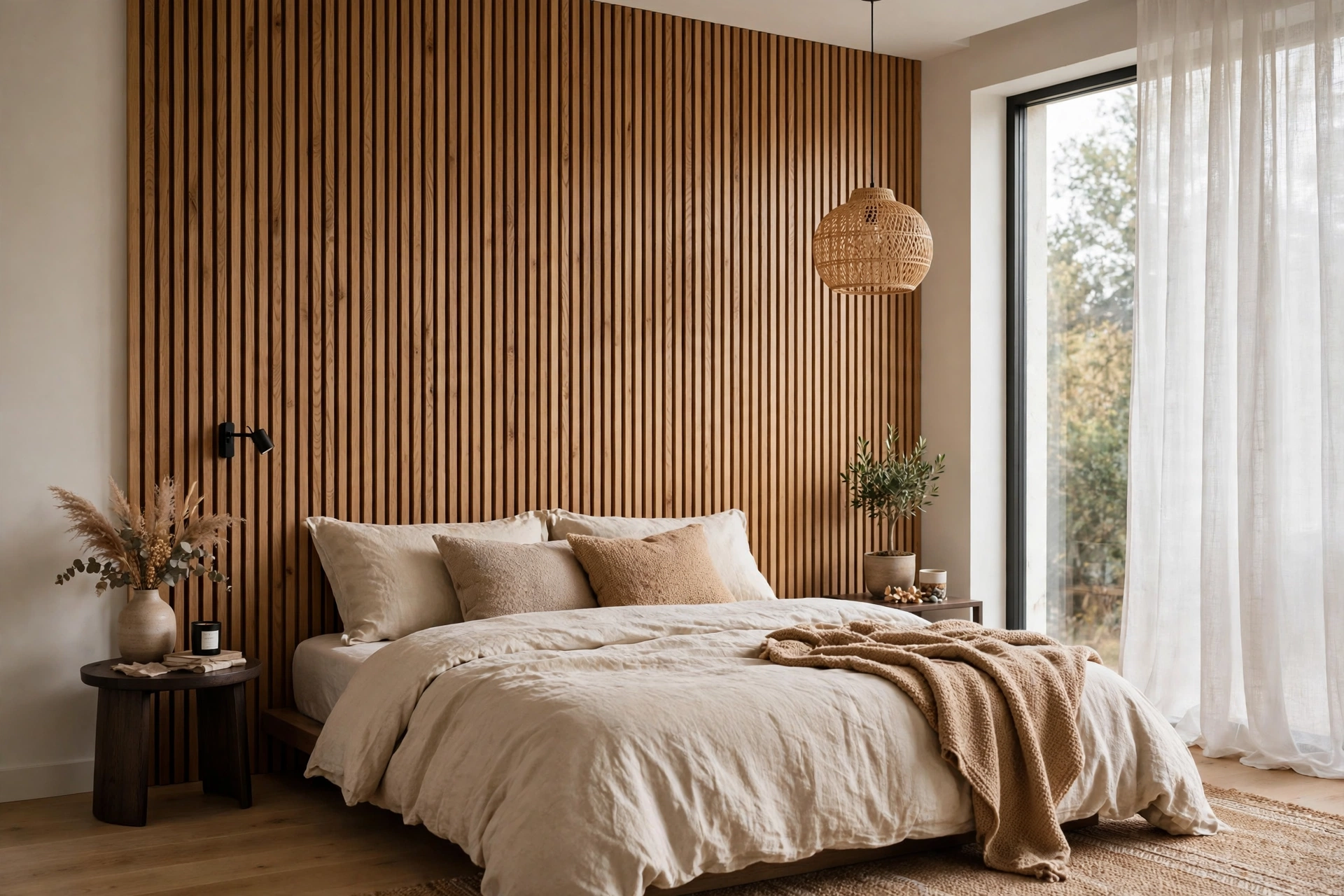 Vertical wood slat accent wall bringing warmth to a modern bedroom