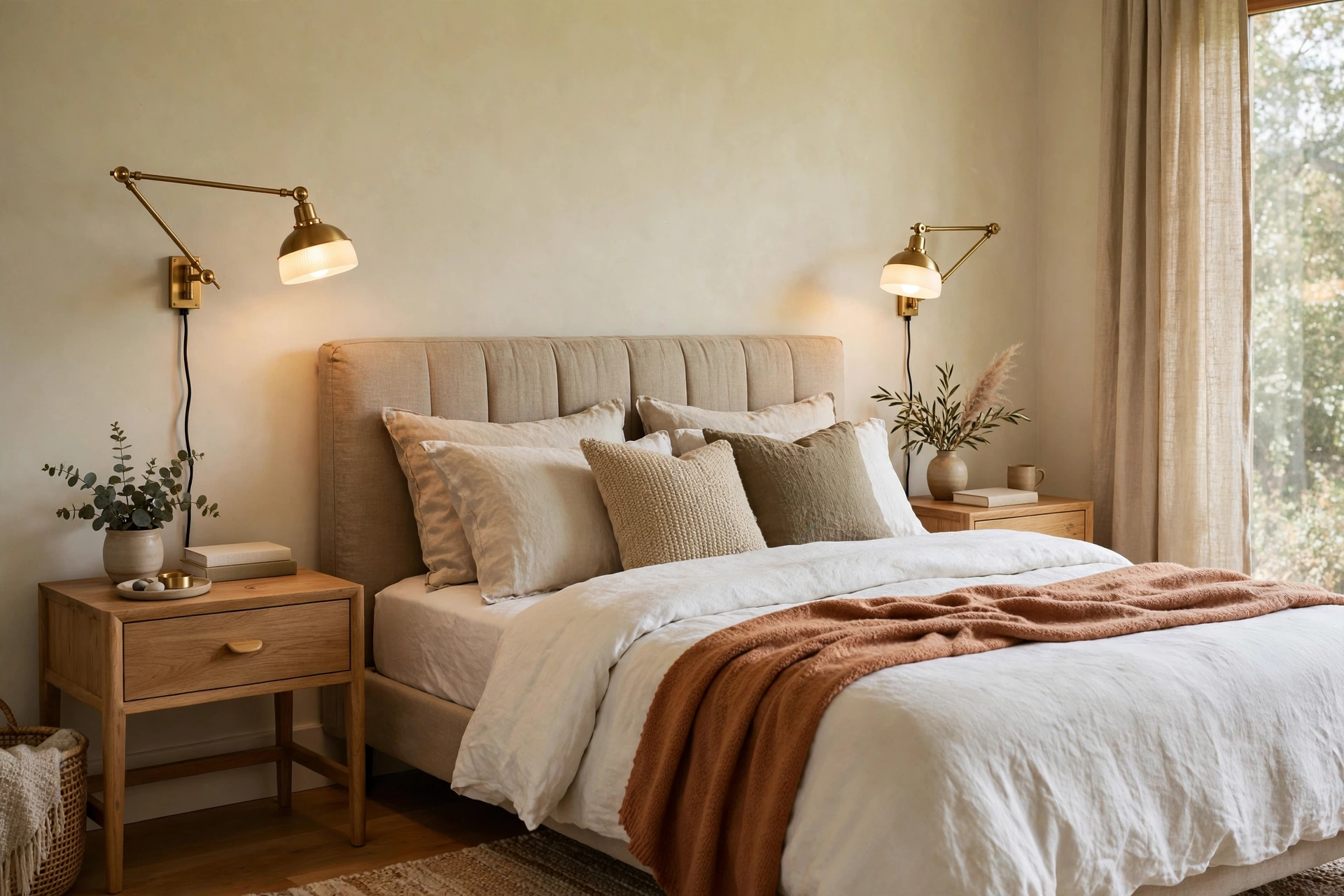 Swing-arm wall sconces mounted beside the bed freeing up nightstand space