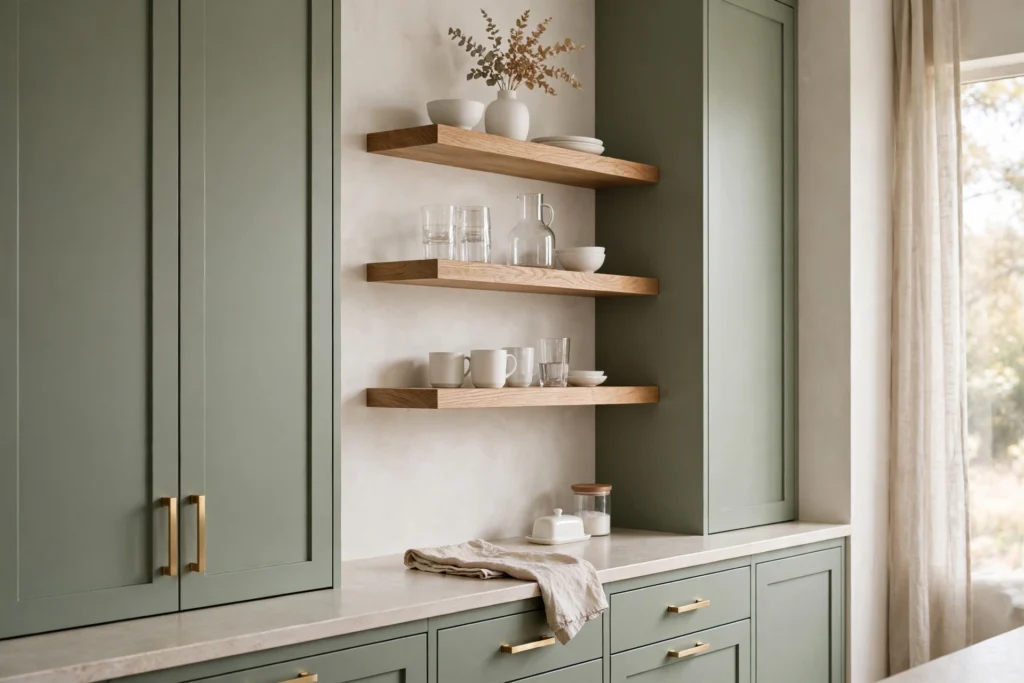 Floating oak shelves with white ceramics and glassware beside sage kitchen cabinets