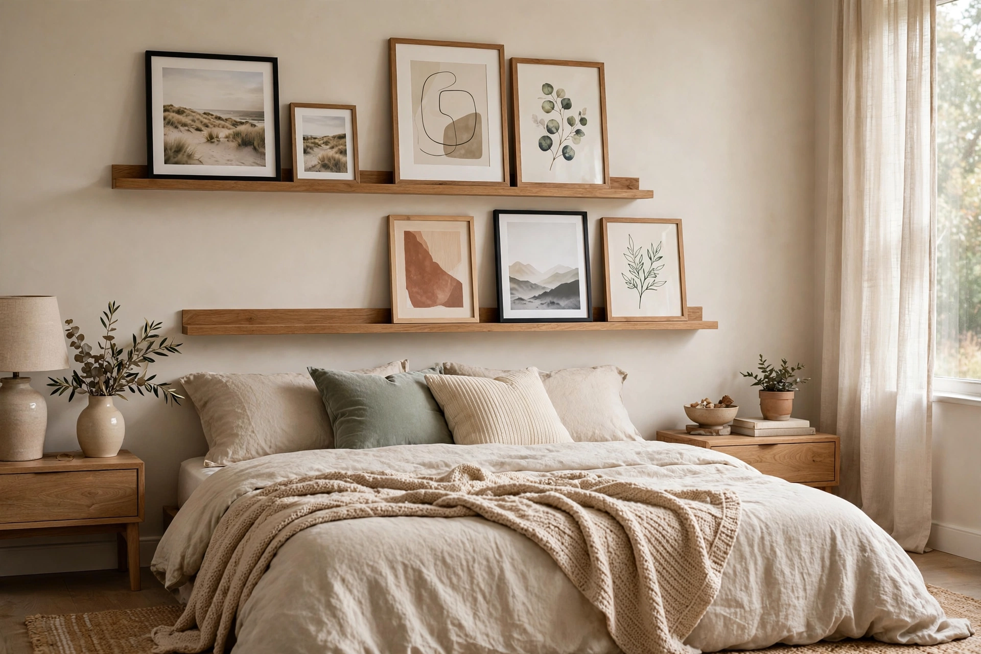 Floating picture ledges with leaning framed art above a bed for easy swaps