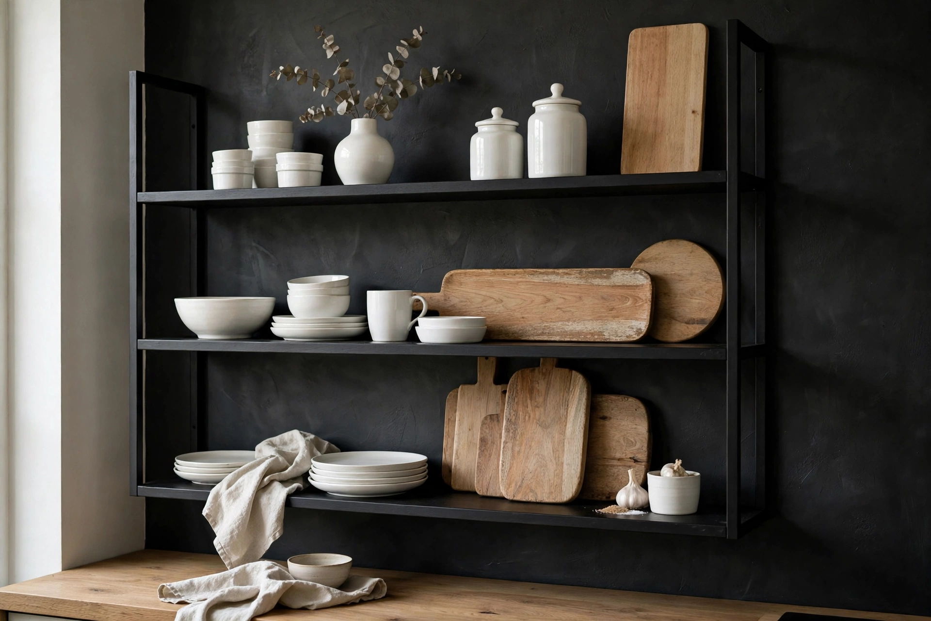Black open kitchen shelves styled with white ceramics and wooden boards