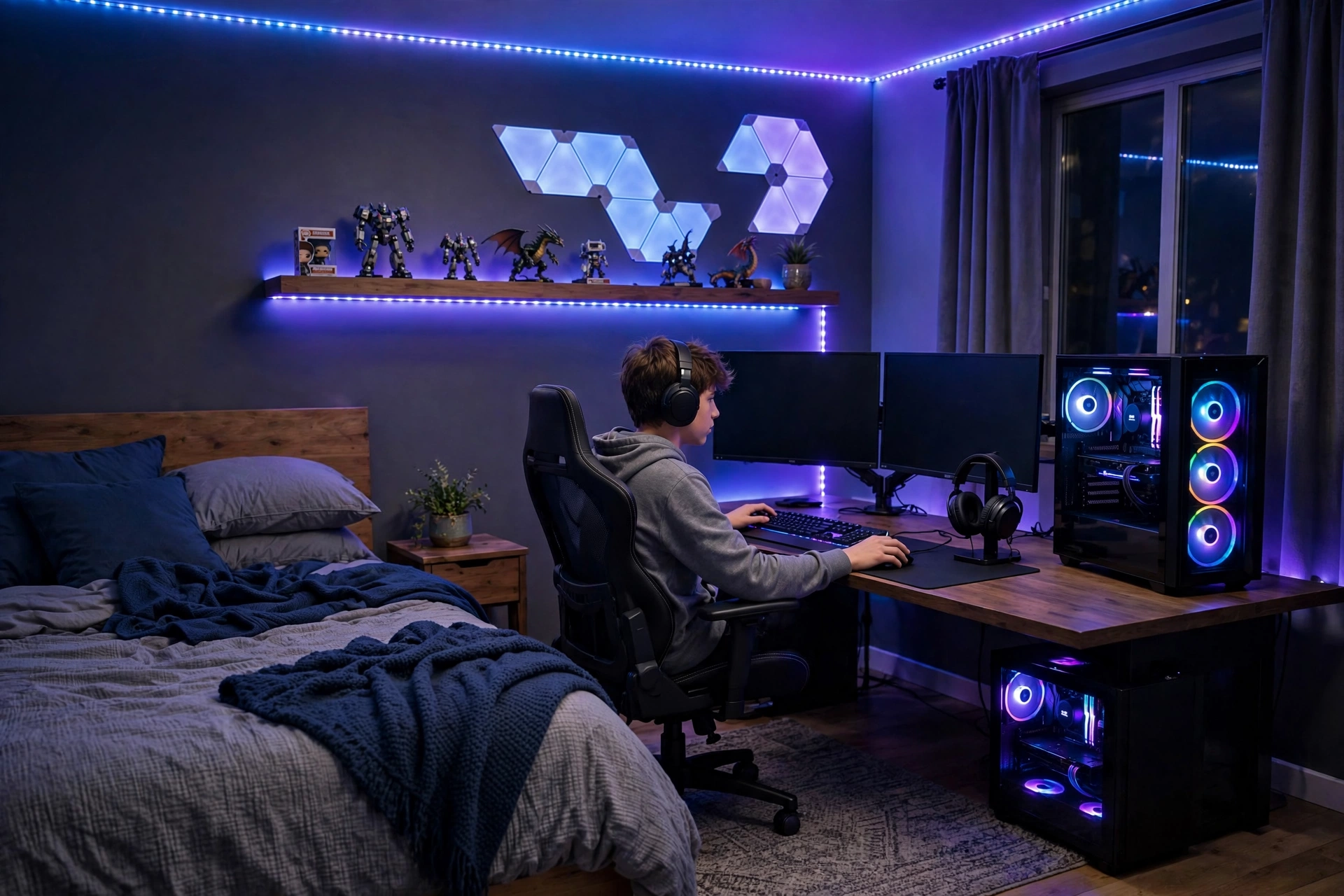 Teen boy gaming zone bedroom setup with desk and LED lights