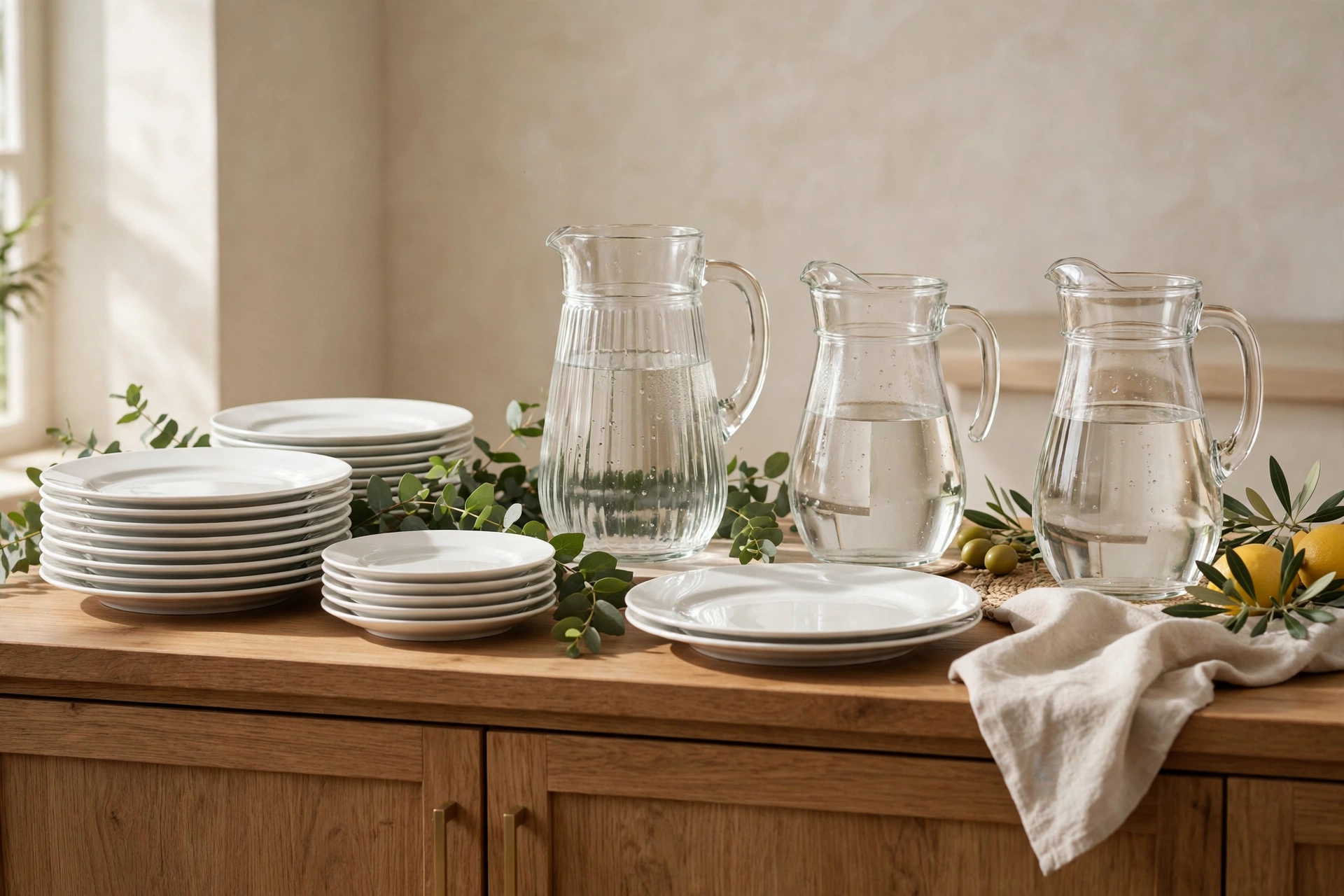 White ceramic plates and glass pitchers displayed on buffet
