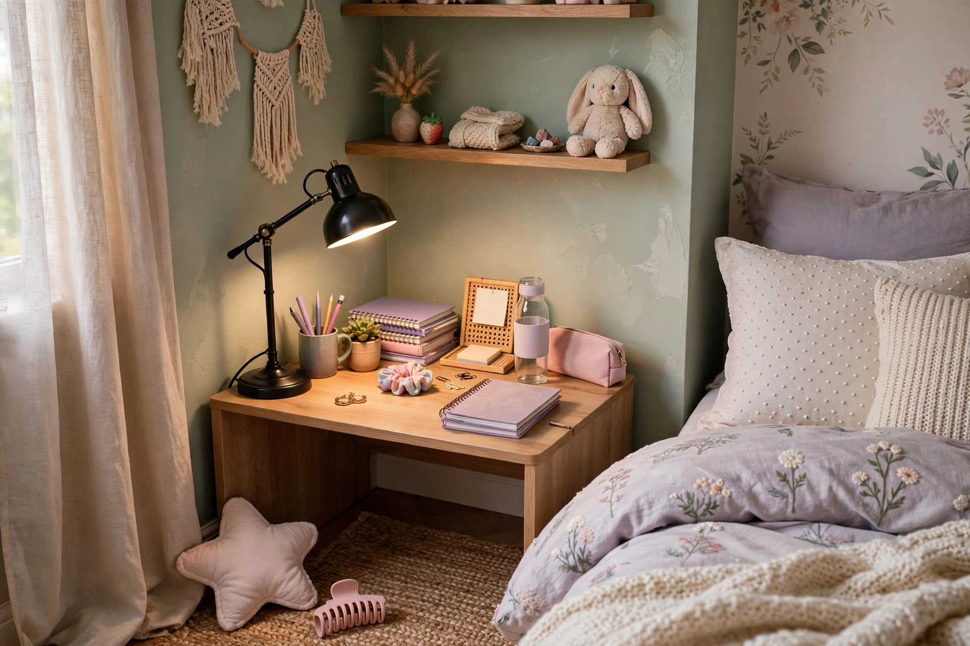 Small study desk corner with lamp in teen girl bedroom