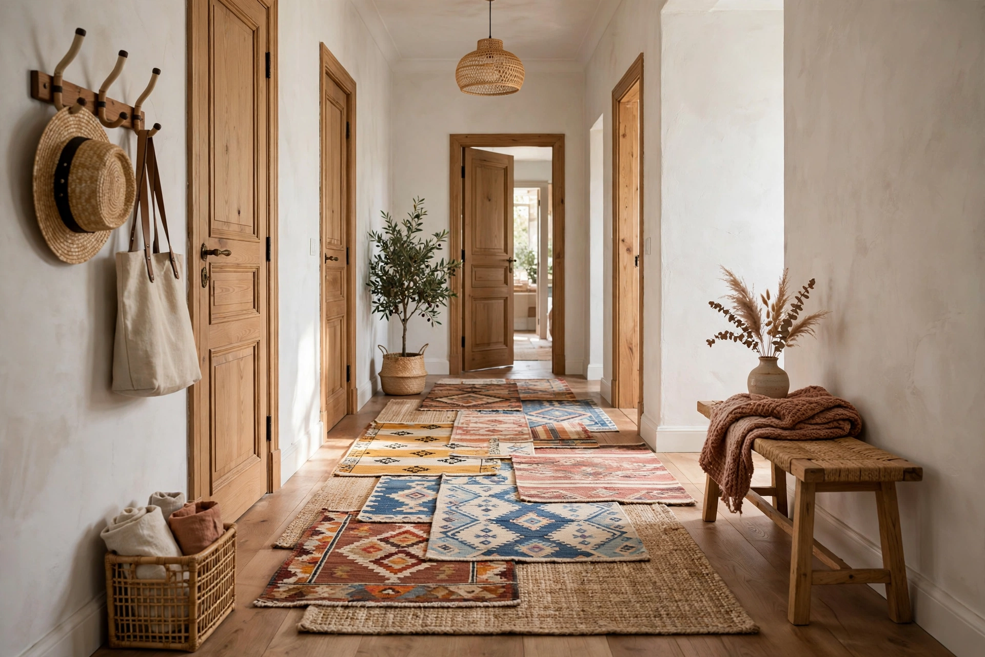 Layered small flat-weave rugs creating a custom boho runner in a hallway