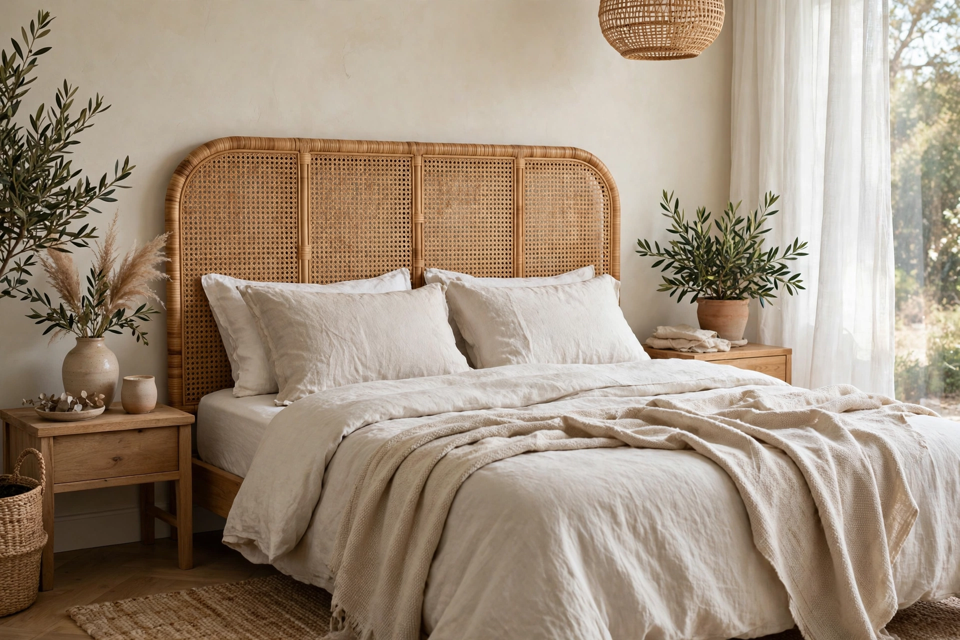 Rattan cane headboard bringing breezy natural texture to a bedroom