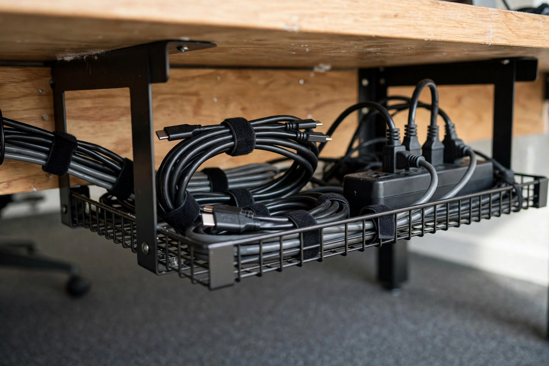Cable management tray under desk with neatly bundled cords and ties