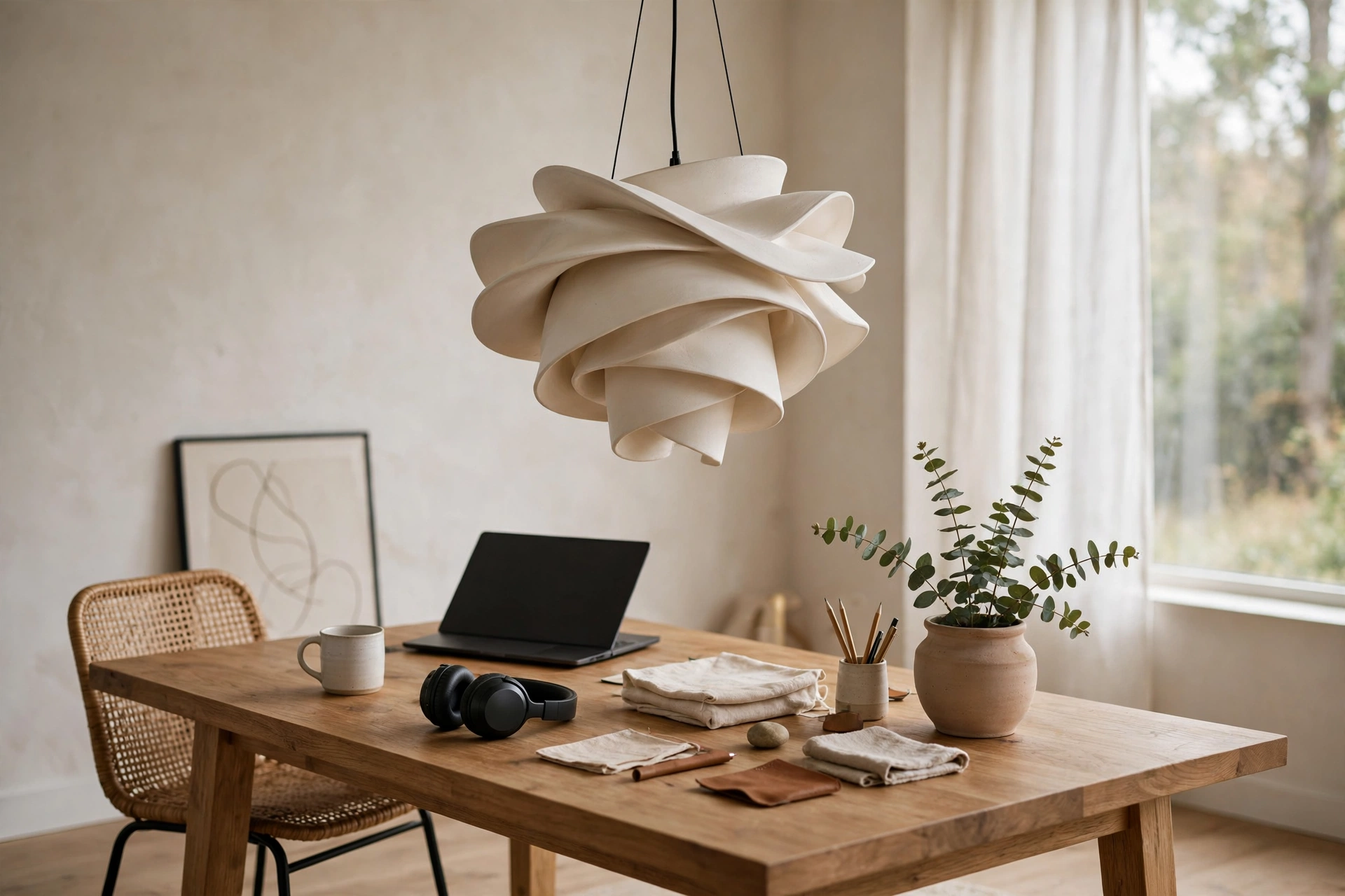 Sculptural pendant light hanging over wooden home office desk