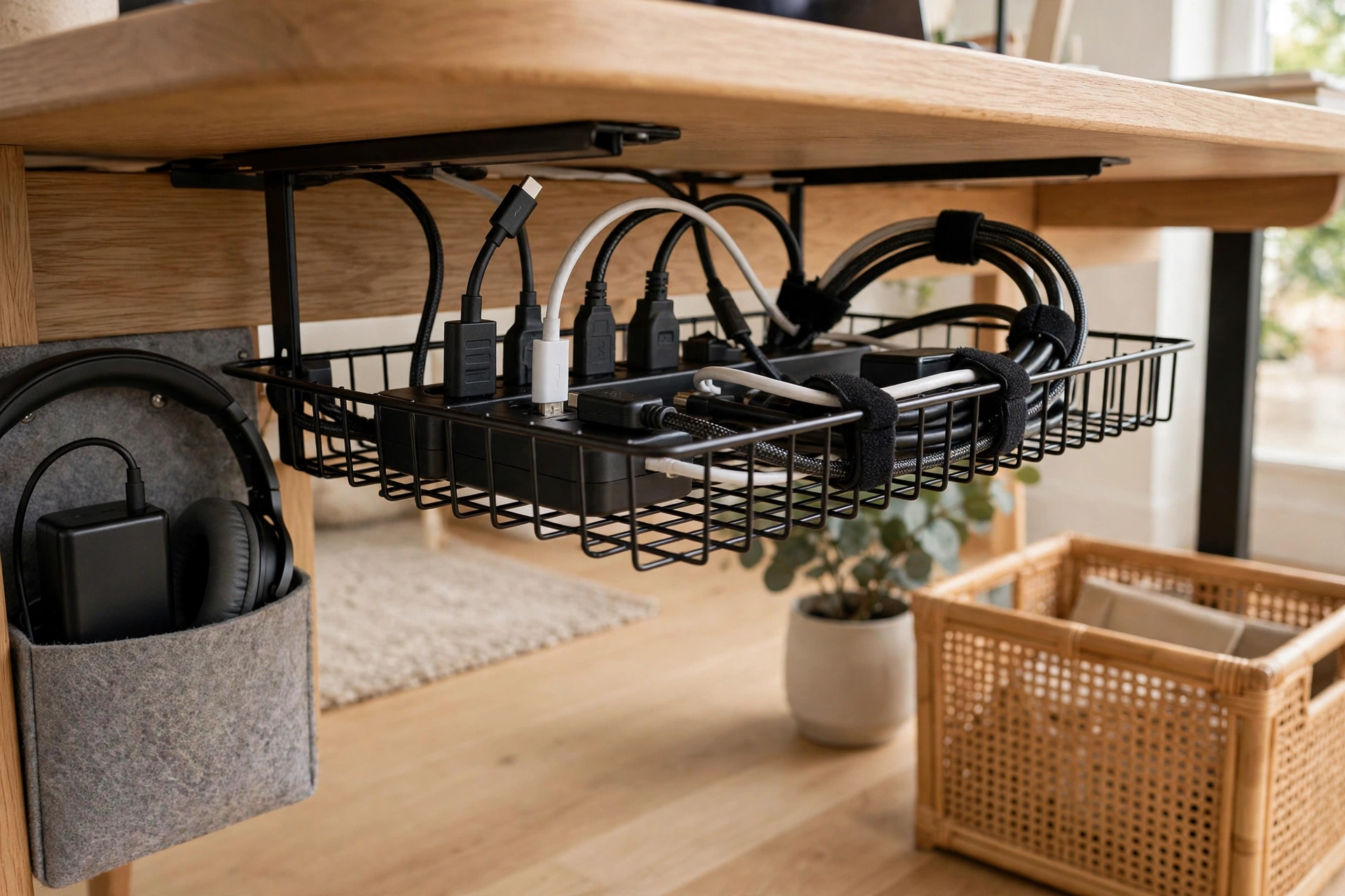 Under desk cable tray hiding cords in tidy home office