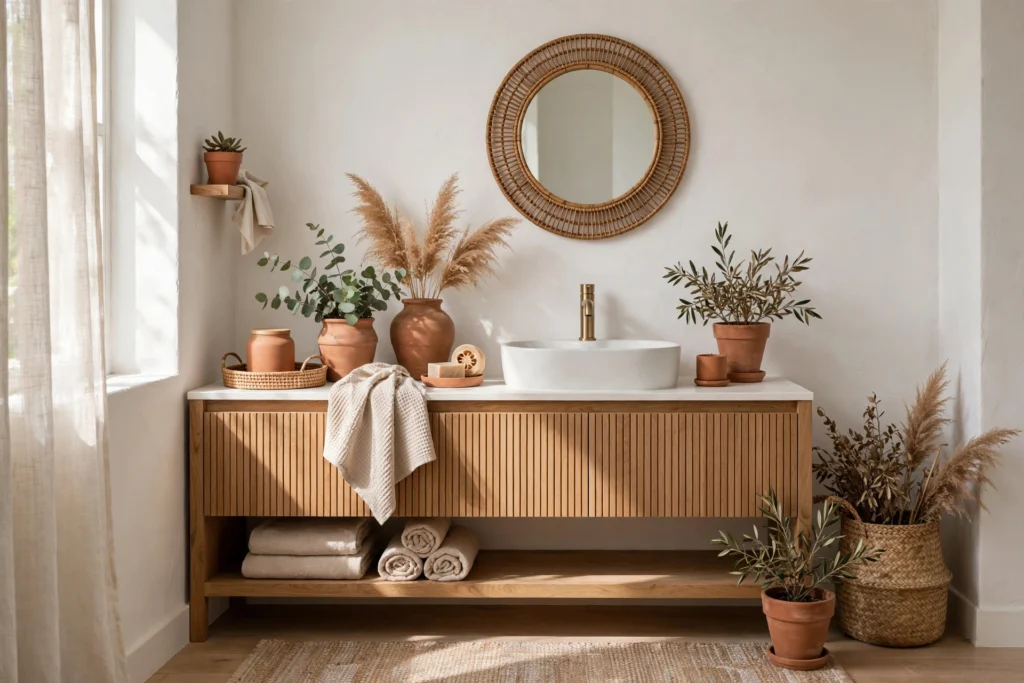 Terracotta pots and accessories warming a white and wood boho bathroom