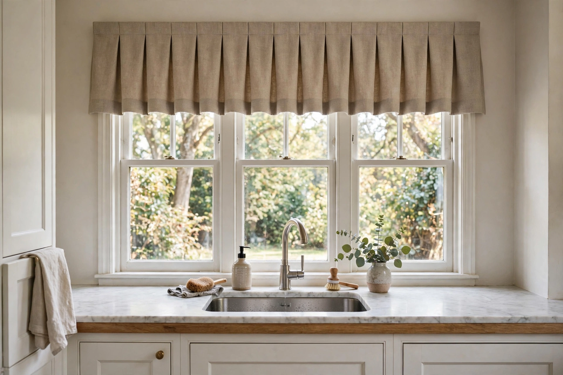 Tailored valance curtain across the top of a kitchen sink window