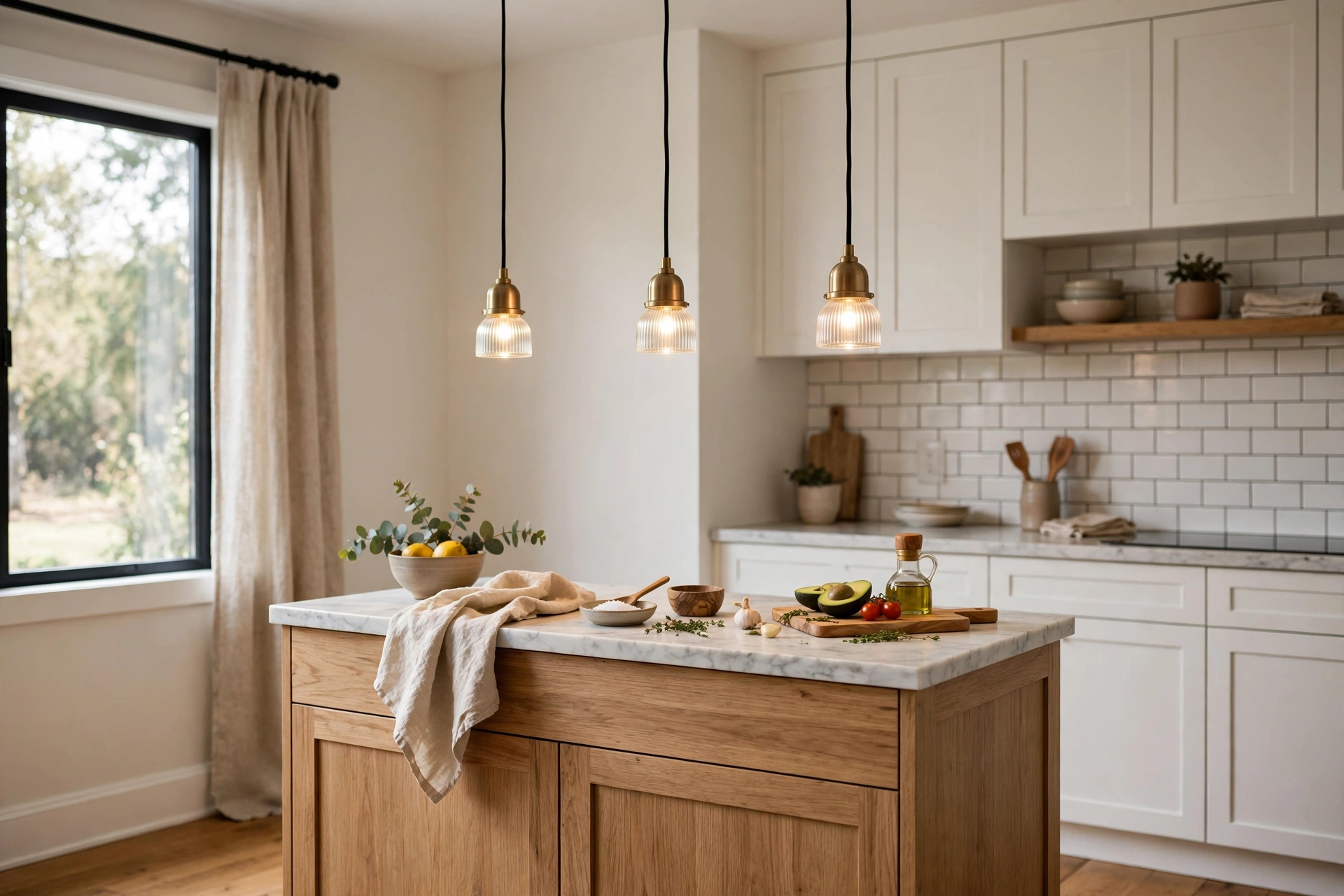 Trio of small mini pendant lights in a row over a narrow kitchen island