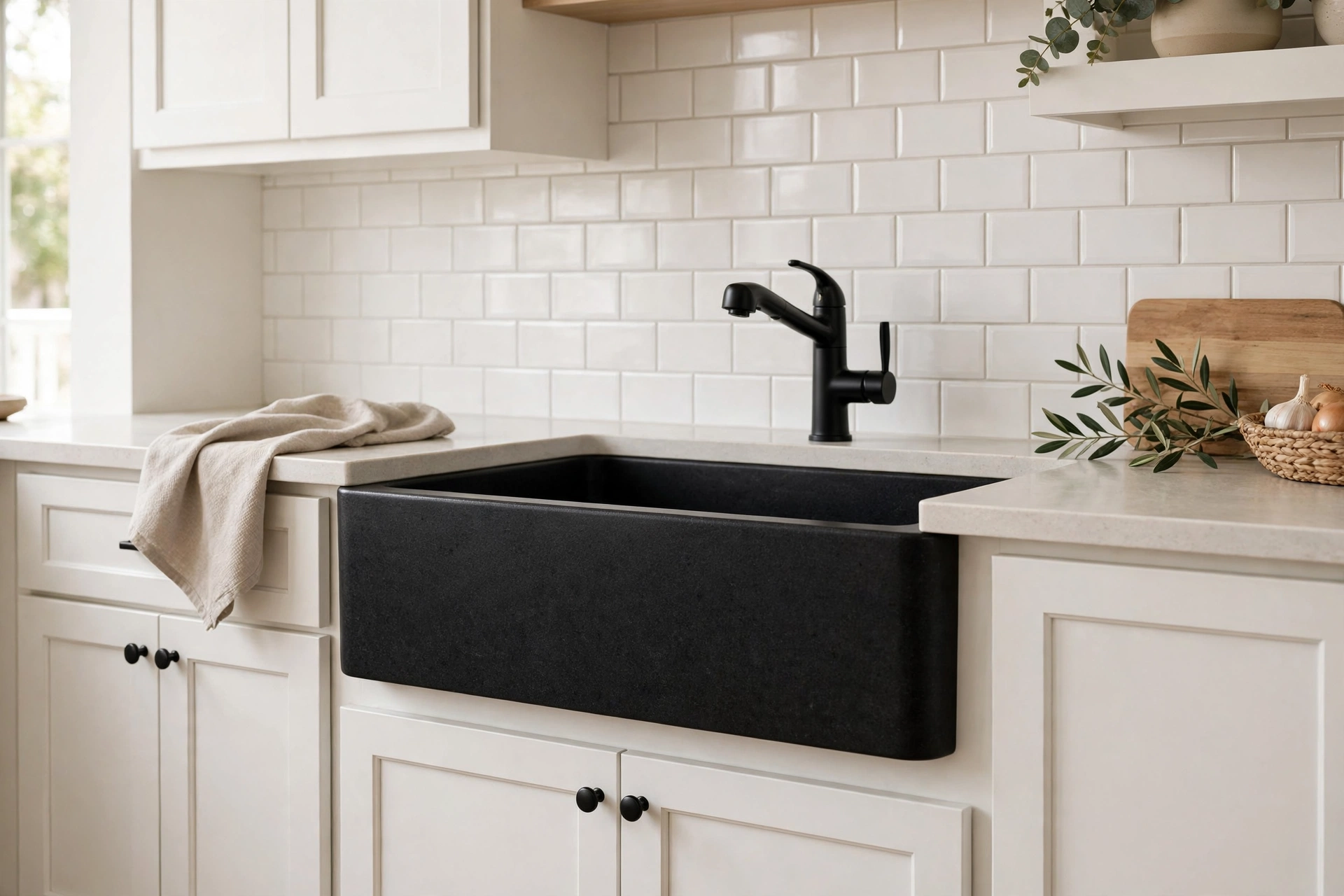 Matte black granite composite farmhouse sink against white shaker cabinets