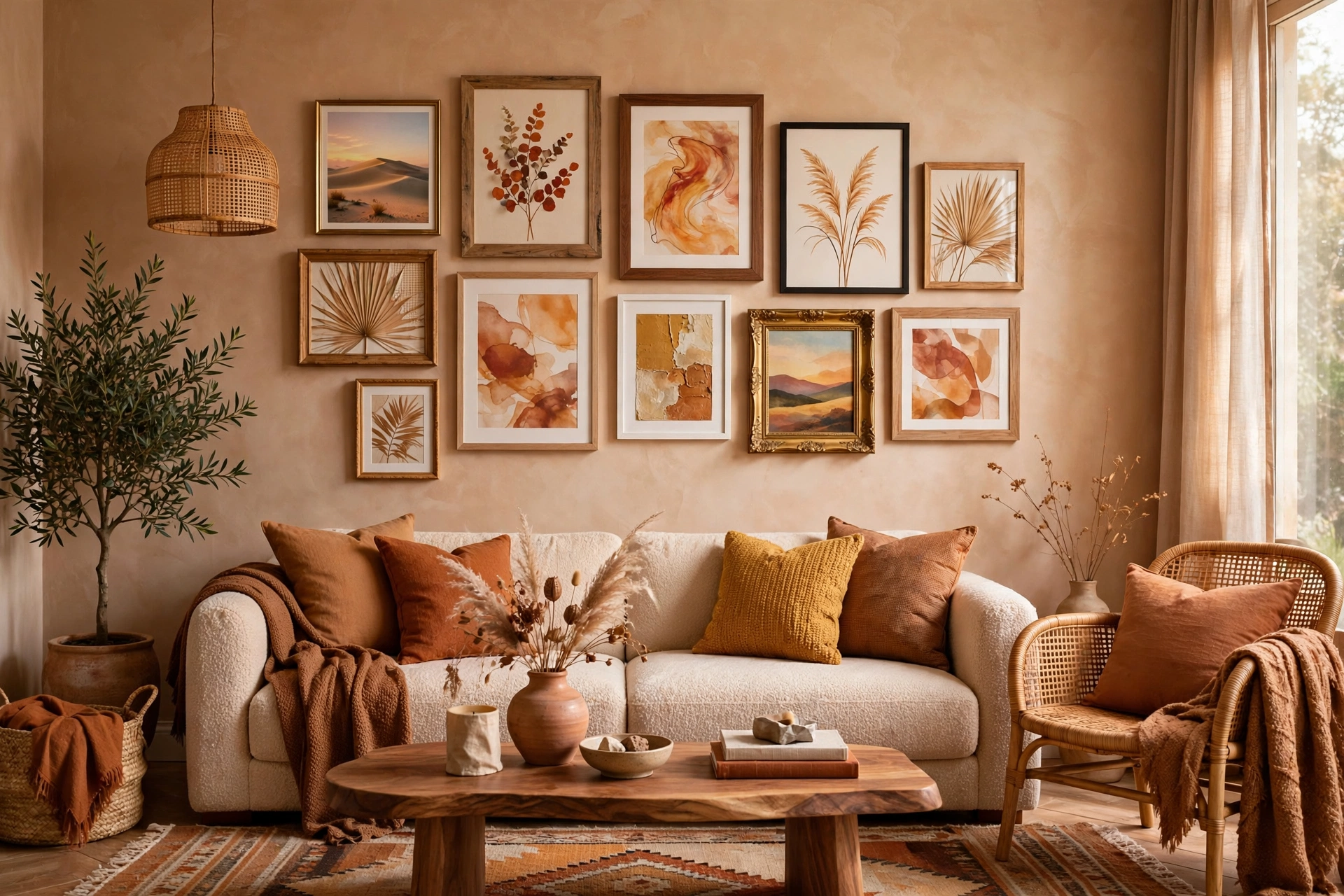 Mixed frame gallery wall tied by warm color palette living room