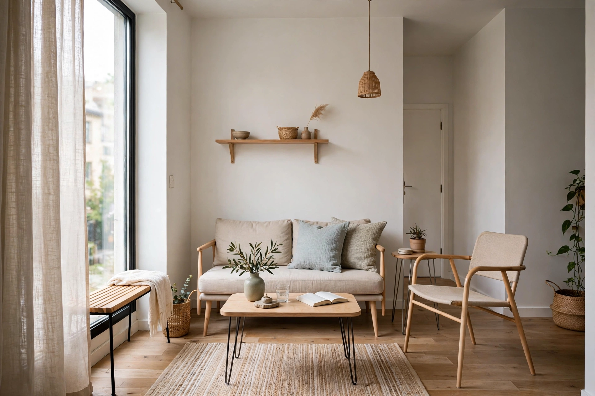 Small apartment living room layout with leggy lightweight furniture pieces