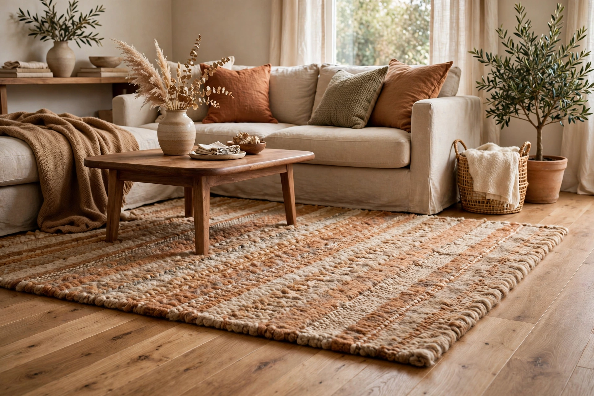 Wool living room rug adding warmth to a hardwood floor