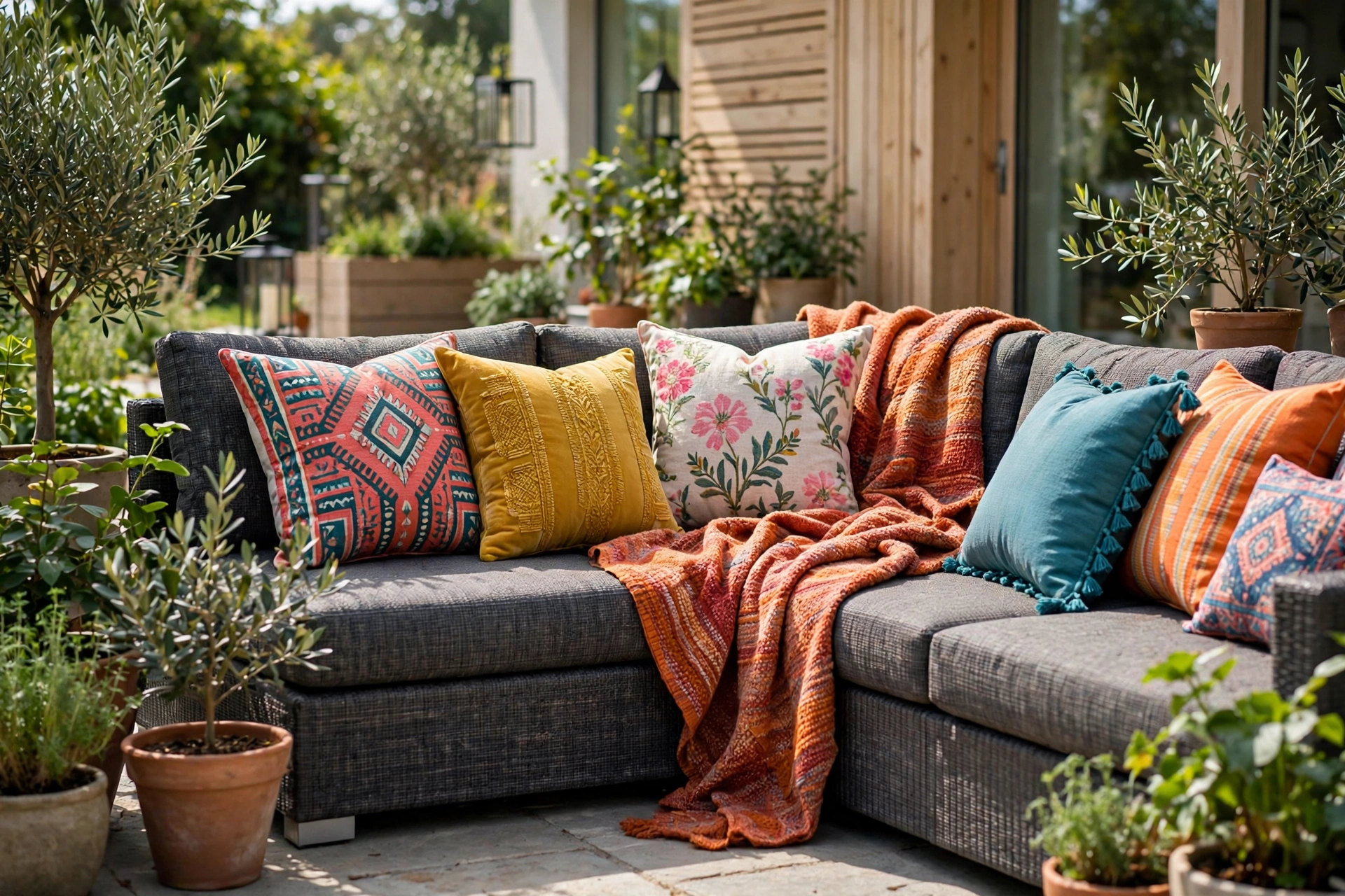 Colorful outdoor pillows and throw on patio sectional sofa