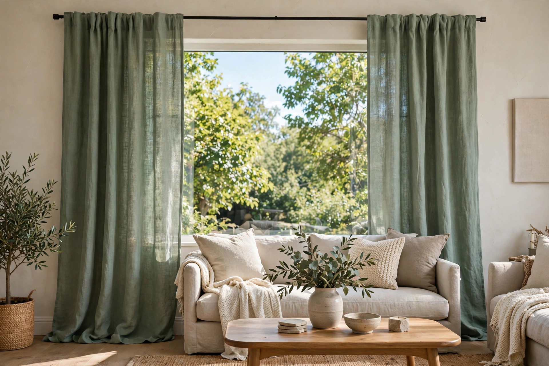 Sage green linen curtains framing a bright living room window