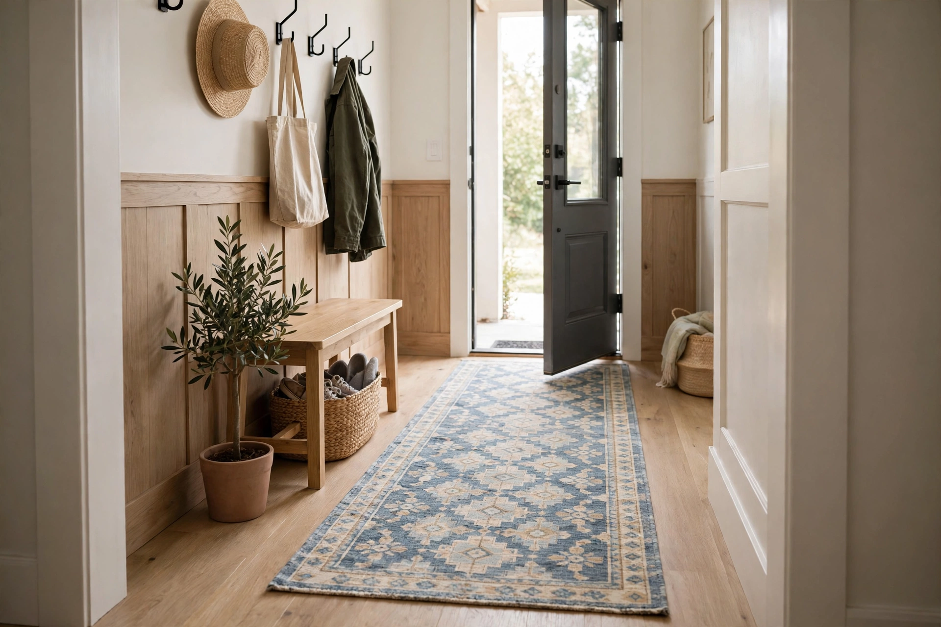 Patterned washable runner rug defining small entryway floor