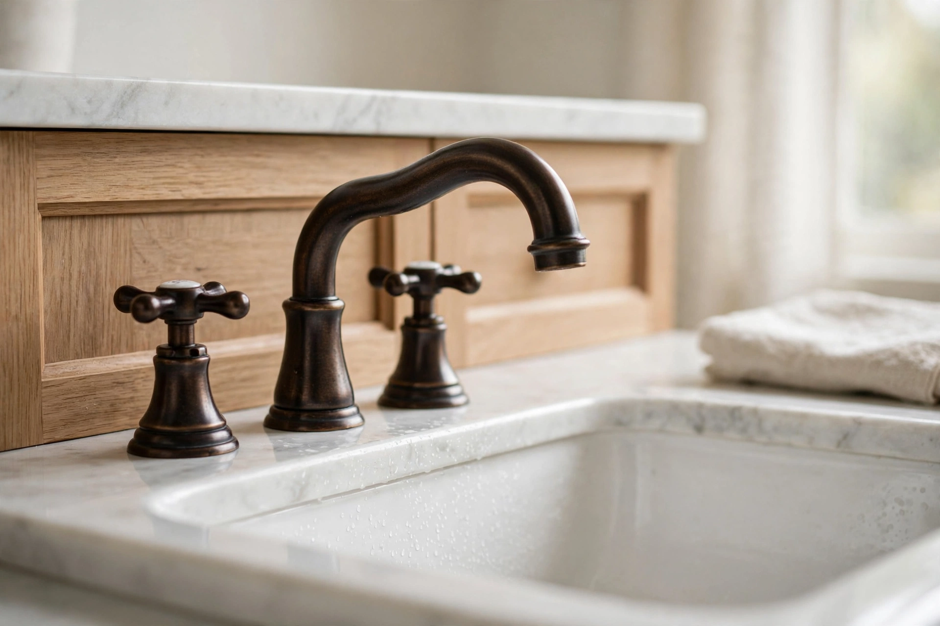 Close-up of oil-rubbed bronze faucet and handles on a farmhouse bathroom vanity